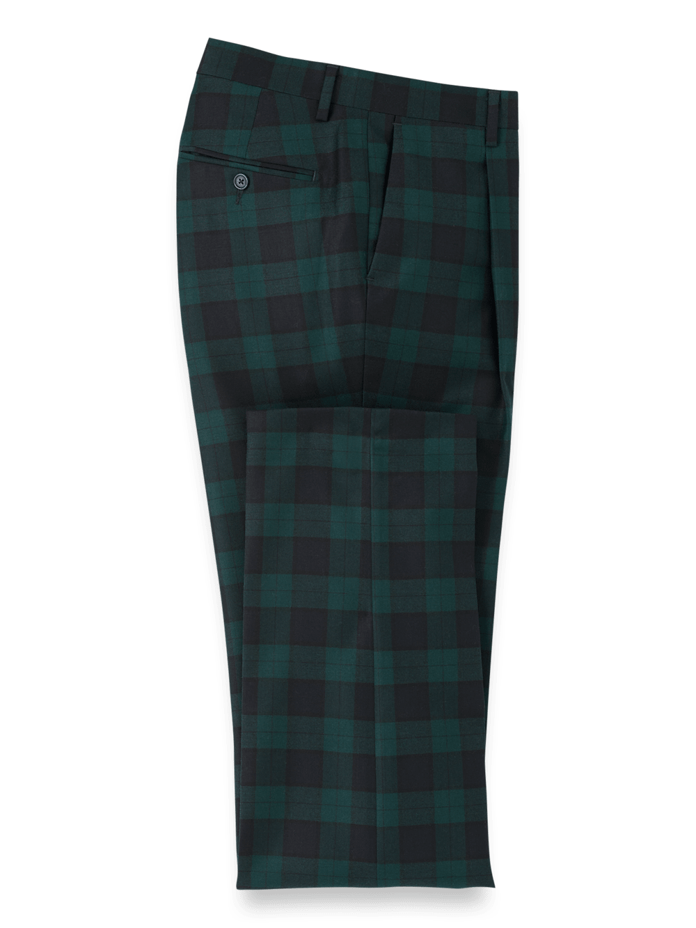 Wool Flannel Plaid Single Pleat Pants for Men - Green & Navy - Comfortable Winter Dress Pants for Office & Casual Wear
