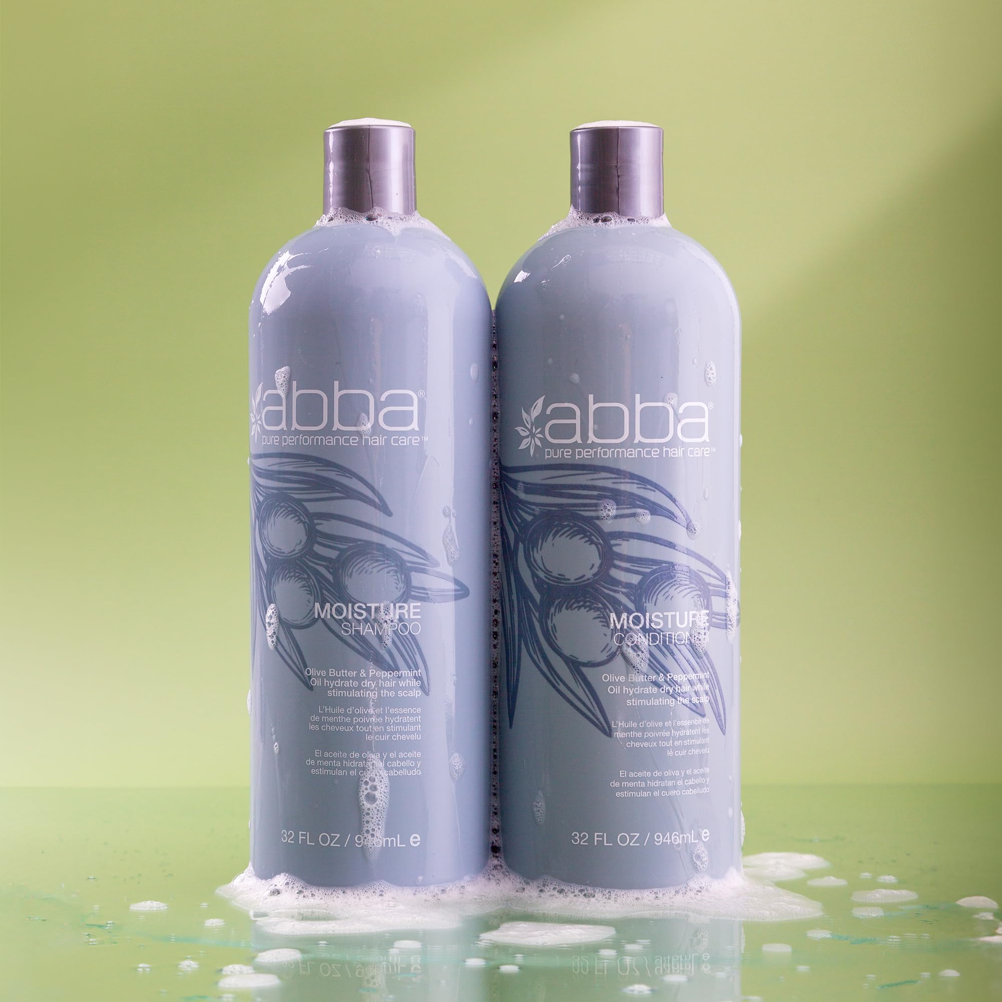 ABBA Pure Moisture Shampoo & Conditioner Set with Olive Butter & Peppermint Oil - 32 fl oz Each - Hydrating Hair Care for Dry & Damaged Hair - Salon Quality Products for Daily Use & Professional Styling