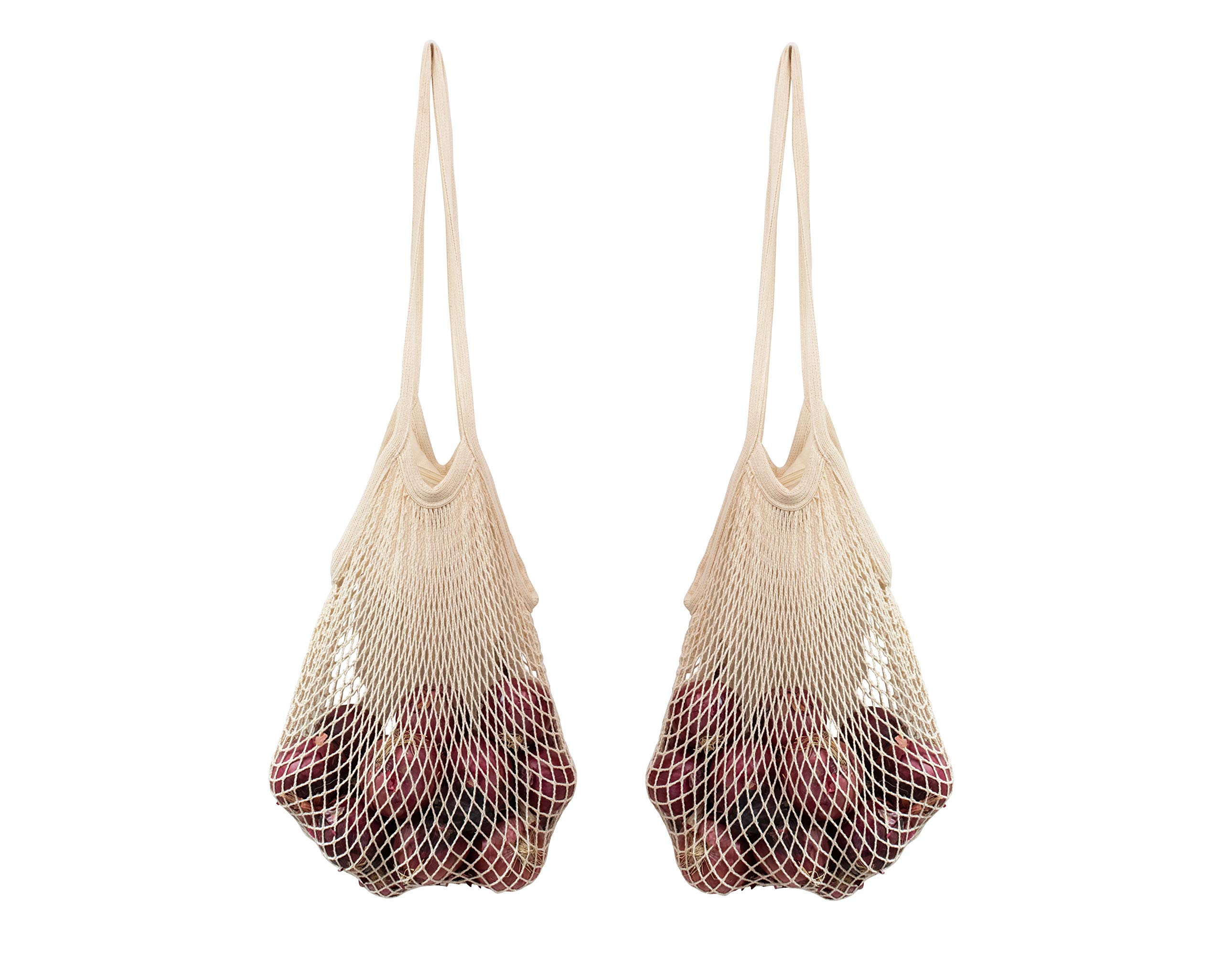 Organic Cotton Mesh Onion Storage Bags - 100% Breathable Reusable Washable Produce Bags for Potatoes, Onions, Garlic & Root Vegetables - Foldable Lightweight Eco-Friendly Kitchen Storage (2-Pack) - Perfect for Pantry Organization & Farmers Market Shopping