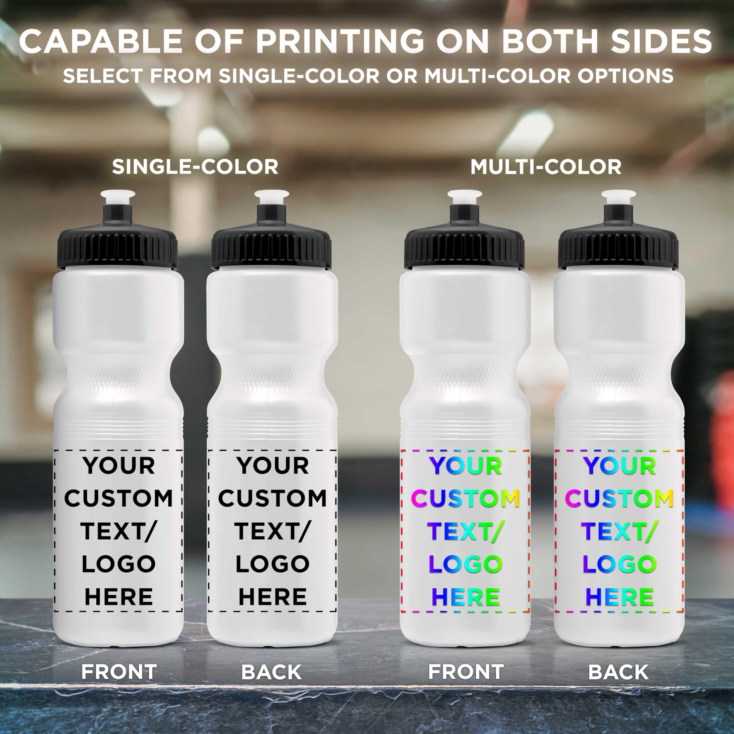 28 oz. Custom Push Cap Plastic Water Bottles - Bulk Pack of 100 - Personalized Water Bottles for Gym, Hiking, Camping & Outdoor Sports - Durable White Reusable Water Bottles - Great for Team Events, Corporate Gifts & Promotional Giveaways