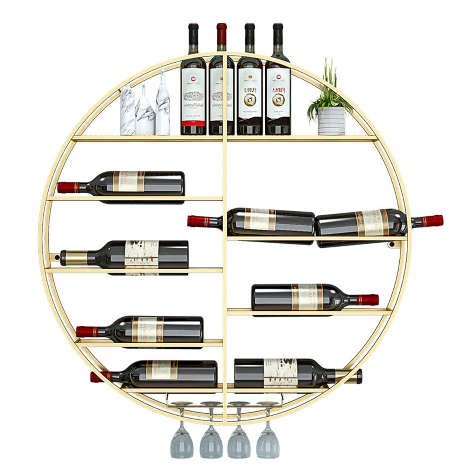 Wall Mounted Round Wine Rack - Large Capacity Holds 12 Bottles & 4 Stem Glasses - Gold Metal Wine Display (70x10x70cm) for Kitchen, Dining Room or Bar Decor