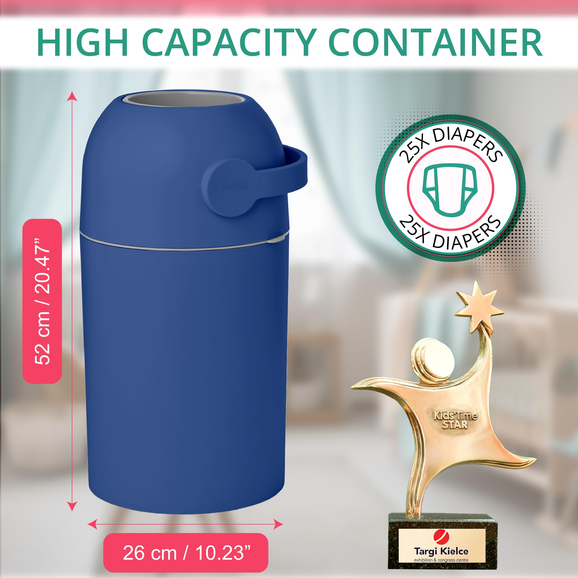 Magic Baby Diaper Pail with Patented Odor-Lock Technology - One-Hand Operation, Universal Bag Compatibility - Includes 1 Roll of Bags (Cobalt Blue) - Perfect for Nursery, Daycare & Travel Use