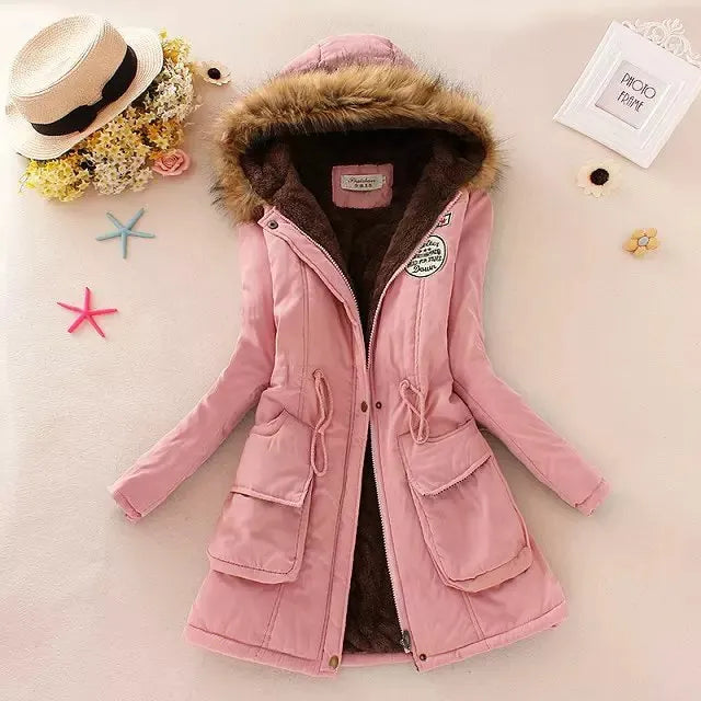 Women's Cotton Padded Jacket - Slim Fit Embroidered Hooded Parka for Autumn & Winter | Warm Quilted Overcoat for Casual Wear & Outdoor Activities