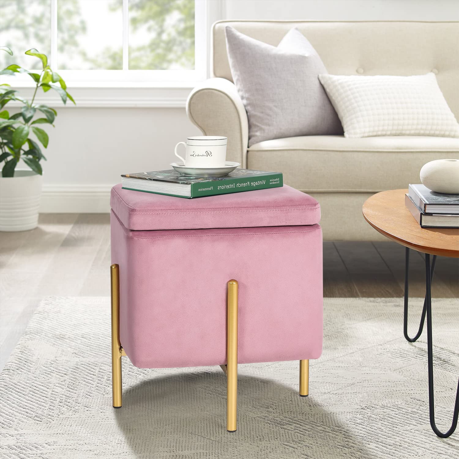 Adeco Pink Velvet Tufted Square Storage Ottoman - Modern Footrest with Hidden Storage for Living Room, Bedroom & Dorm | Small Couch Ottoman for Extra Seating & Organization