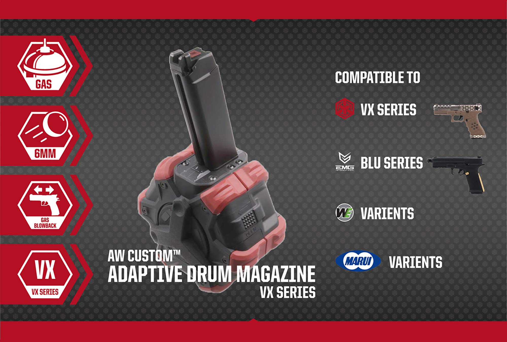 AW Custom Drum Airsoft Magazine for Gas Blowback Pistols & Rifles - Compatible with SAI BLU/Elite Force G Models (Black) - High-Capacity Airsoft Accessory for Tactical Games & Training