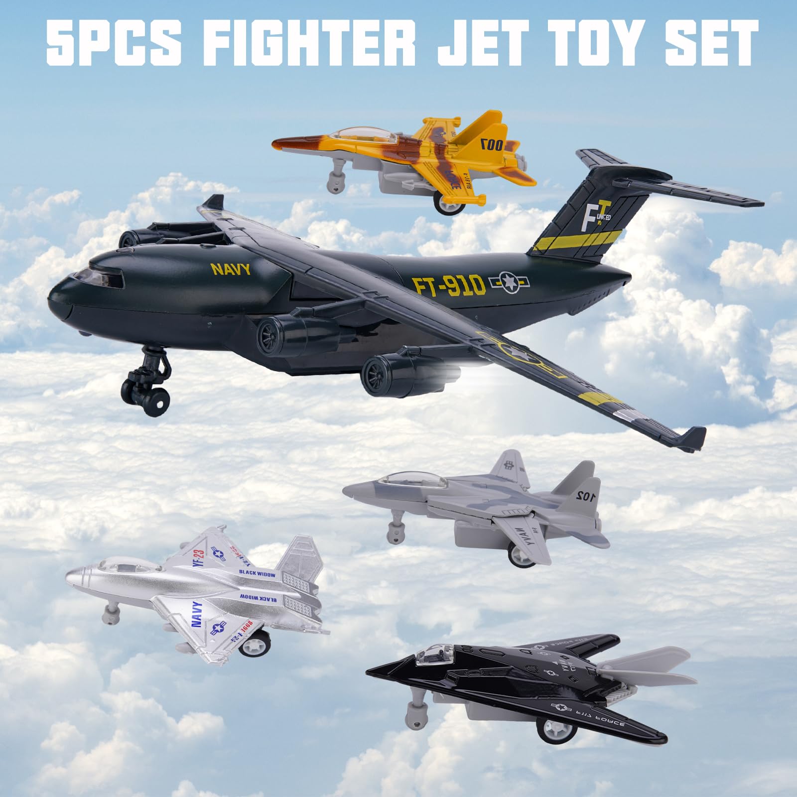 5-Pack Military Fighter Jet Toy Set with Lights & Sounds - Die-Cast Metal Pull Back Airplane Toys for Kids Ages 3+, Perfect for Pretend Play, Birthday Gifts & STEM Learning (Army, Navy, Air Force Models)