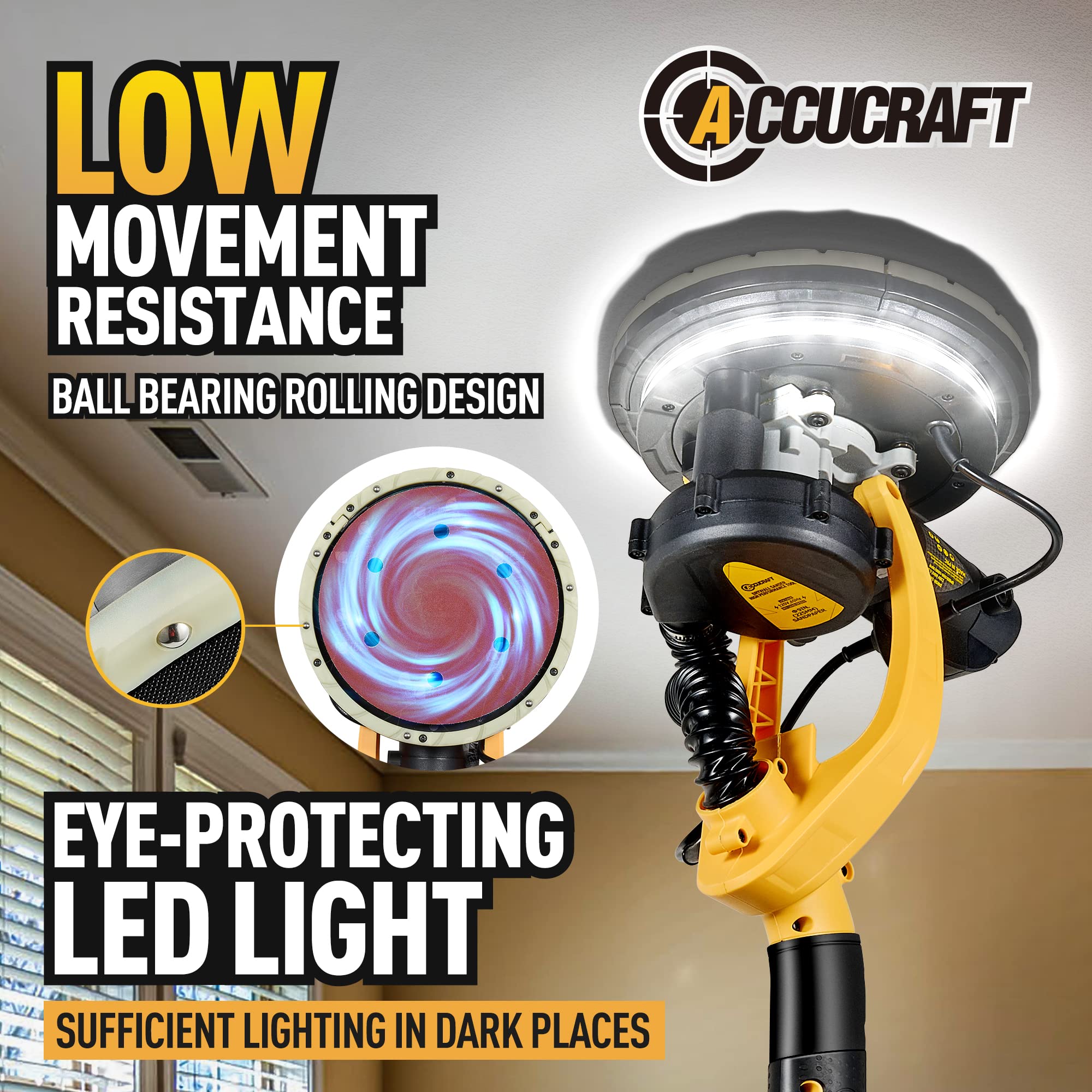 800W Electric Drywall Sander with Vacuum - 99% Dust Absorption, 6-Speed Adjustable (500-1800 RPM), 26ft Power Cord & LED Light - Perfect for Popcorn Ceiling Removal, Wall Smoothing, and Dust-Free Drywall Sanding Projects