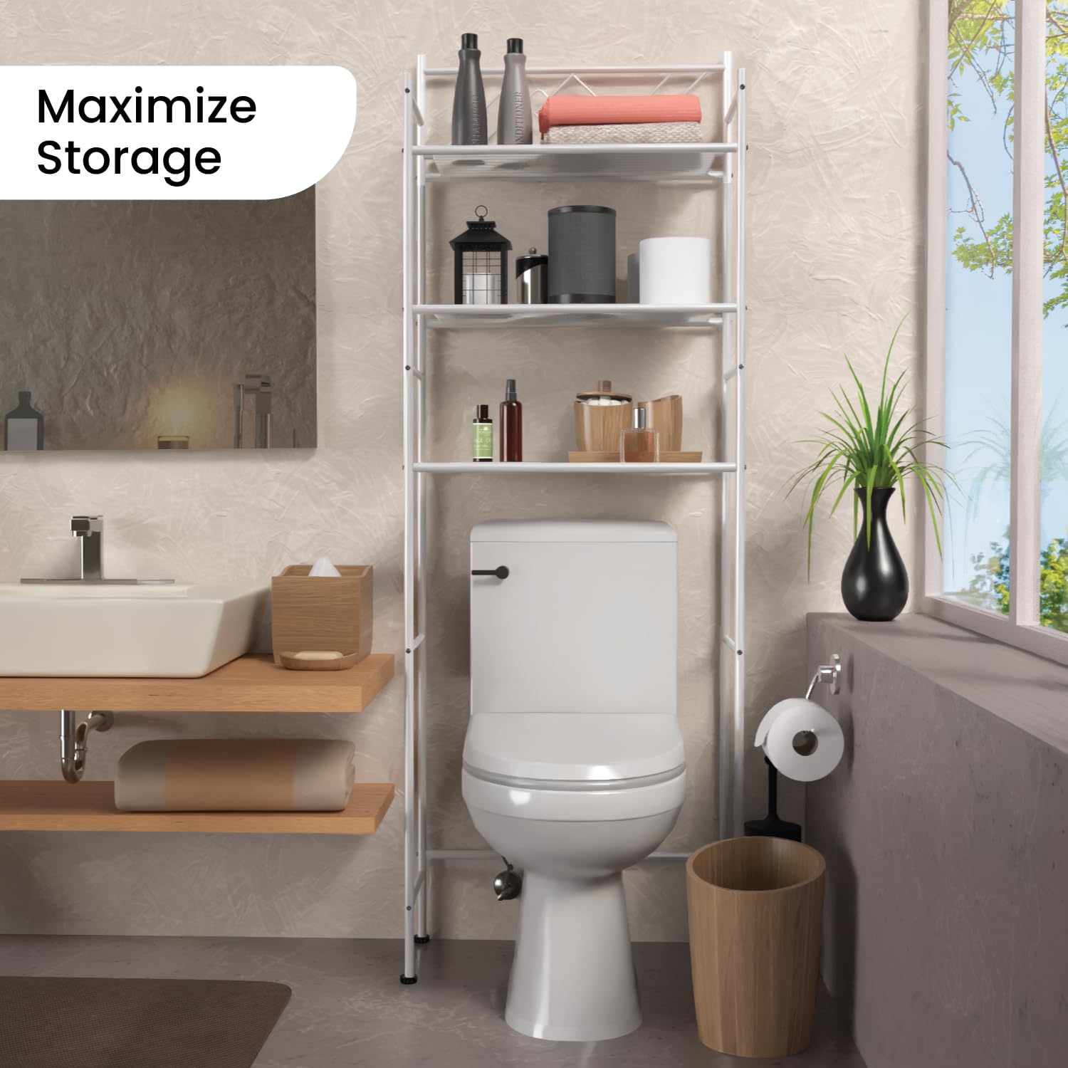 Over The Toilet Storage Organizer - 3 Tier Bathroom Shelving Rack for Toiletries, Towels & Essentials | Space-Saving Bathroom Organization Solution for Small Spaces