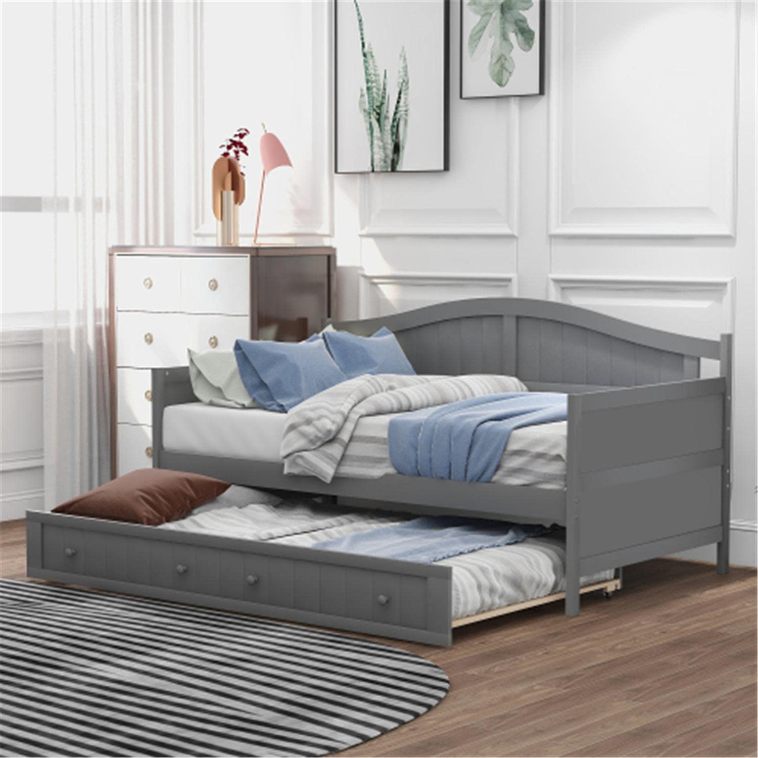 Twin Size Daybed with Trundle - Convertible Sofa Bed Frame with Wood Slat Support, No Box Spring Needed, Gray - Perfect for Guest Rooms, Small Spaces & Multi-Functional Living Areas