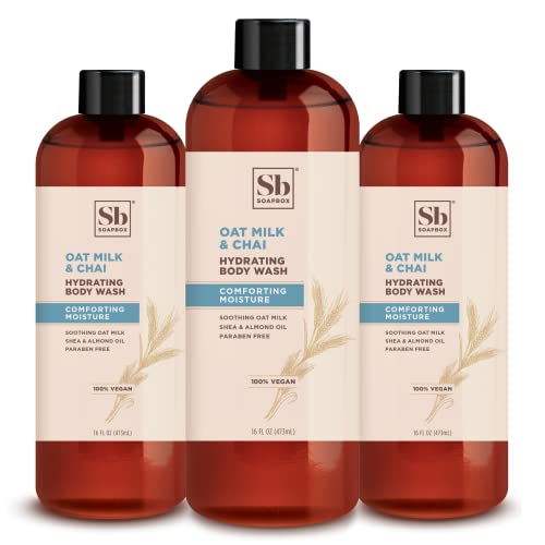 Soapbox Oat Milk & Chai Moisturizing Body Wash with Shea Butter & Almond Oil - Paraben Free, Gluten Free, Silicone Free, Vegan & Cruelty Free Body Cleanser - 16oz (Pack of 3) for Dry Skin & Sensitive Skin Care - Perfect for Daily Shower & Relaxing Bath Time