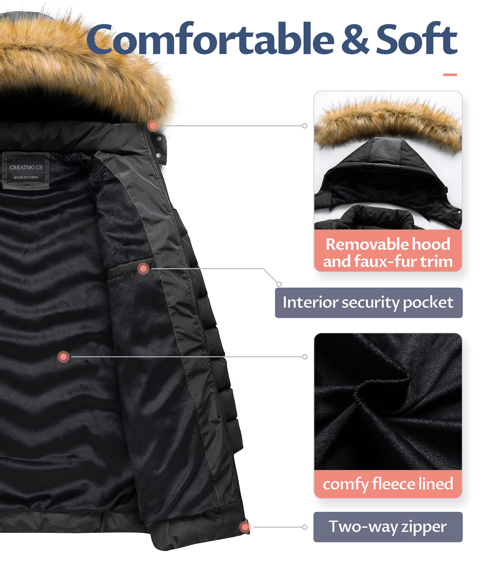 CREATMO Women's Winter Hooded Puffer Jacket - Waterproof, Warm Long Coat Parka for Cold Weather - Perfect for Outdoor Activities, Snowboarding & Daily Winter Wear