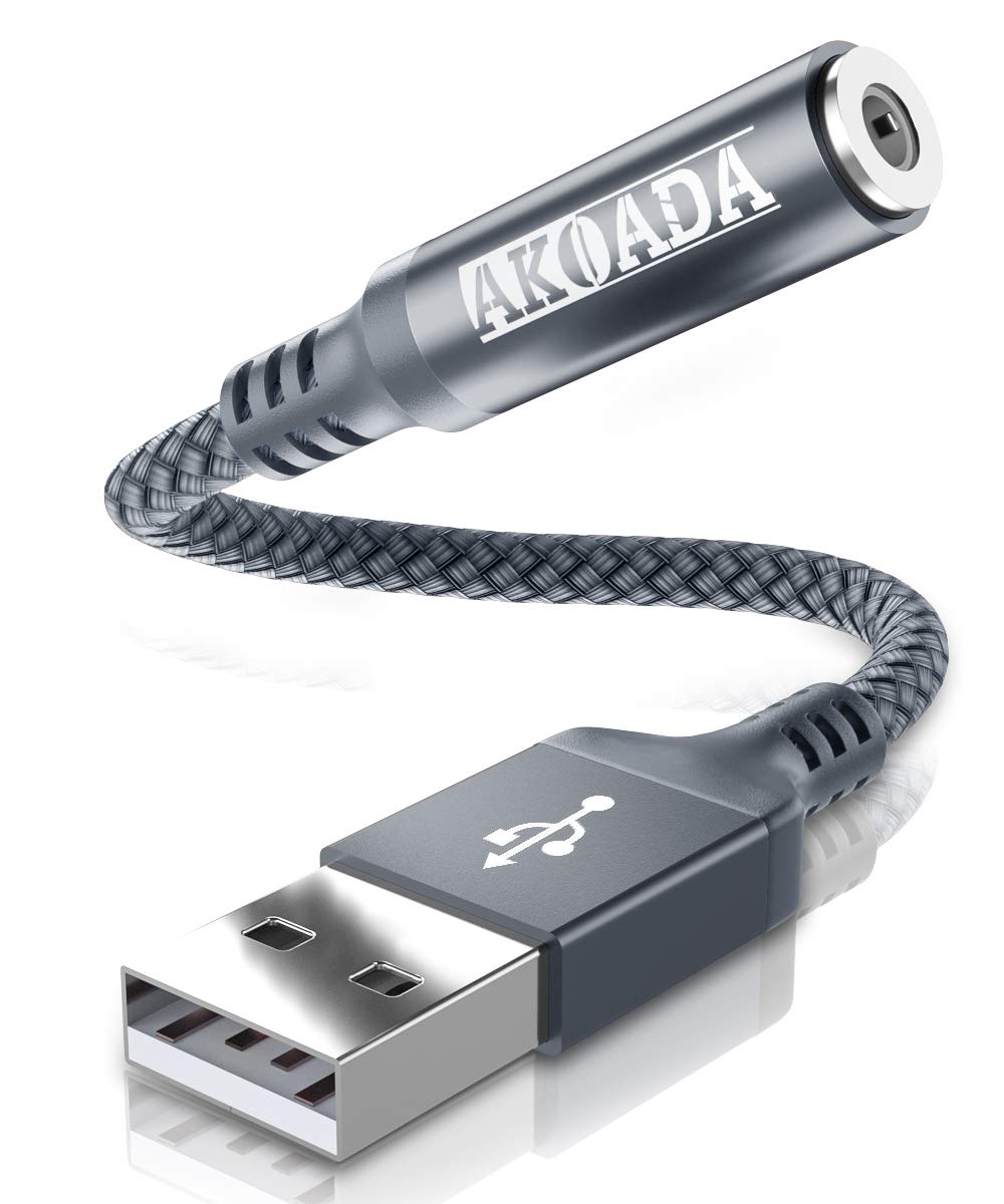 AkoaDa USB to 3.5mm Audio Jack Adapter (18cm) - External Sound Card Converter with Aux Stereo Output - Compatible with Headphones, PC, Laptop, Linux, Desktop, PS4 & More Devices (Grey) - Perfect for Gaming, Music Streaming & Conference Calls