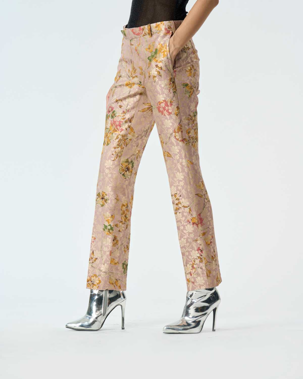Elegant Champagne Pink Silk Brocade Classic Trousers for Women - Perfect for Weddings, Parties & Formal Occasions