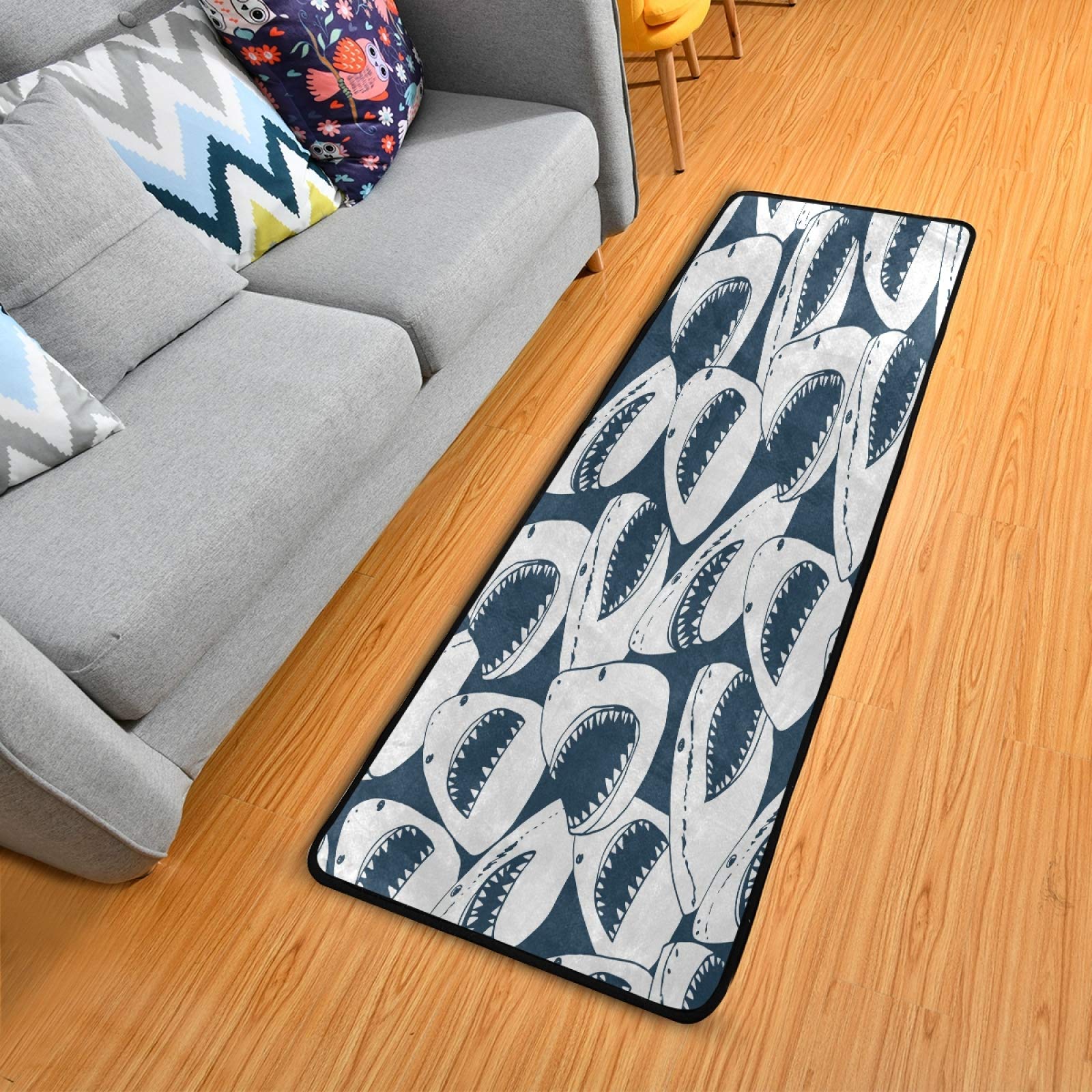 Non-Slip 2'x6' Shark Pattern Area Rug - Ocean Sea Animal Themed Runner Carpet for Hallway, Living Room, Bedroom, Bathroom & Entryway - Perfect for Coastal Home Decor & Kids Room Design