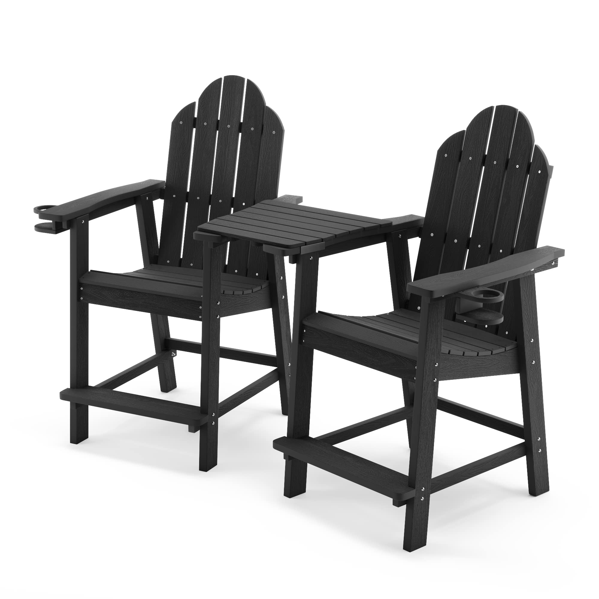 LUE BONA 2-Piece Tall Adirondack Chair Set with Removable Side Table - Heavy Duty 300lb Capacity Black Poly Outdoor Bar Stools with Cup Holders (25.6