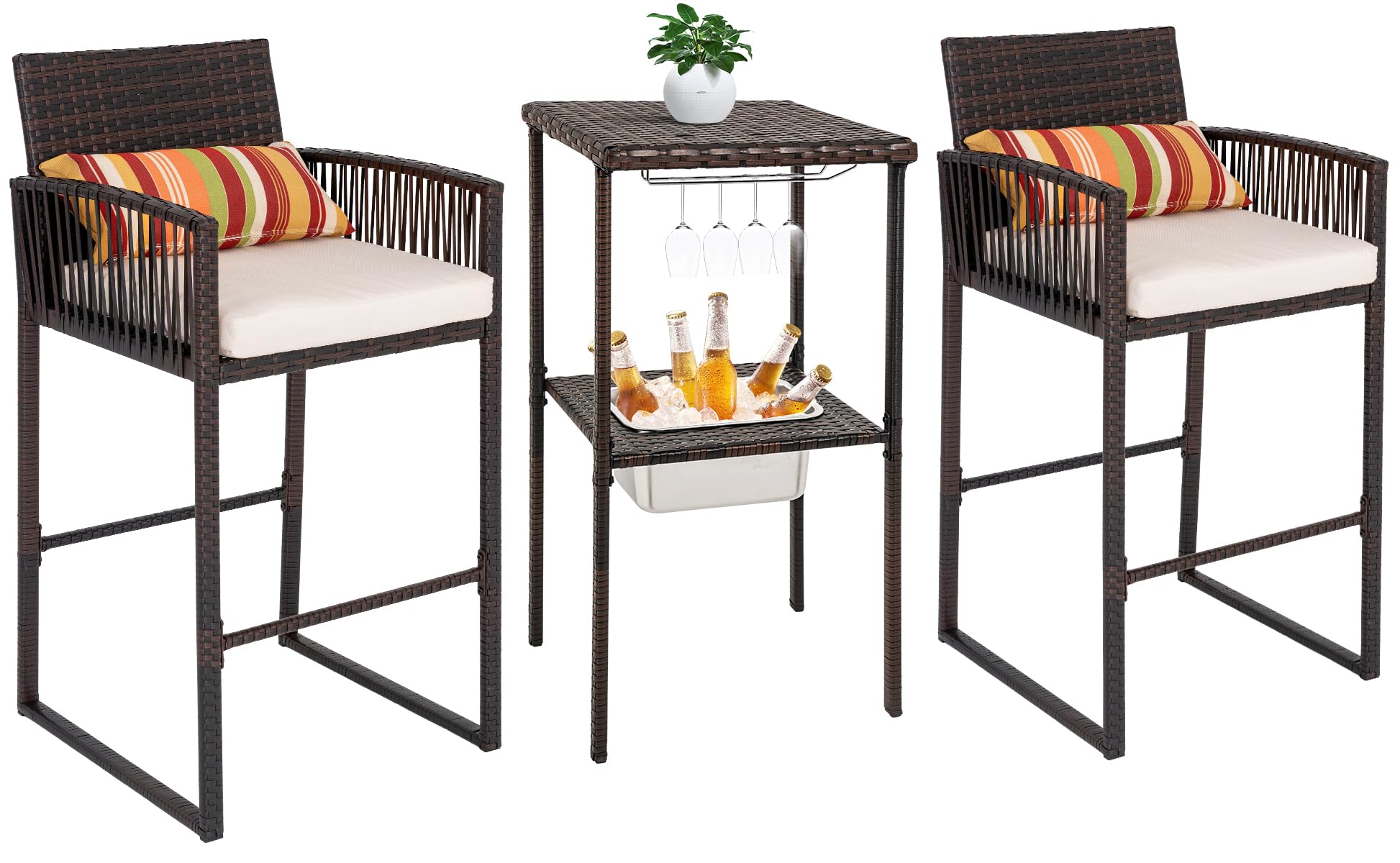 Sundale Outdoor 3-Piece Wicker Bar Set with 2 Stools, Glass Holder & Ice Bucket - Brown Rattan & Beige Cushions - High Top Bistro Dining for Patio, Garden, Poolside & Backyard Entertaining