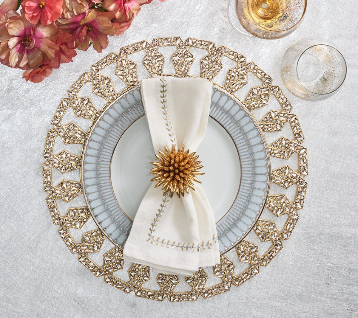 Premium Herringbone Napkins Set of 4 - White, Gold & Silver for Elegant Dining, Wedding Decor & Holiday Table Settings