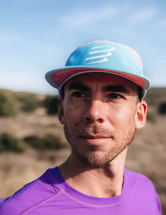 Compressport Unisex 5-Panel Lightweight Running Cap - Breathable Performance Hat for Men & Women | Eggshell Blue/Salmon Buff/Lupine | Ideal for Jogging, Cycling & Outdoor Sports