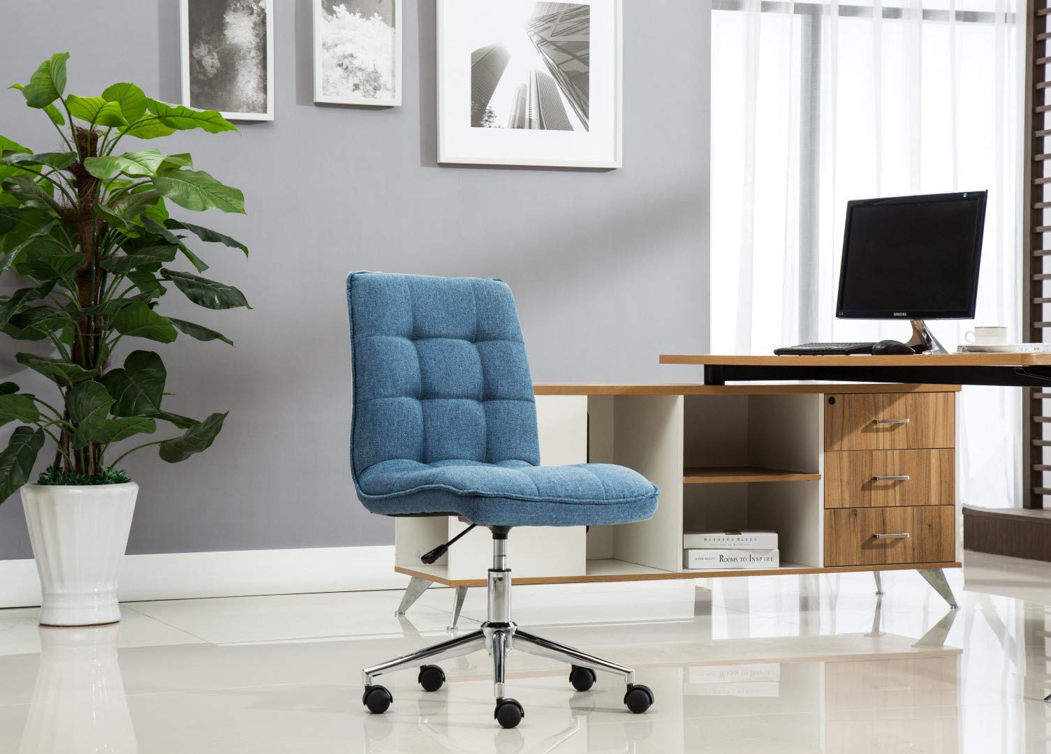 Porthos Home Lada 360° Swivel Office Chair with Adjustable Height - Ergonomic Tufted Linen Upholstered Desk Chair with Smooth Roller Caster Wheels, Armless Design for Small Spaces - Perfect for Home Office, Study Room & Cozy Workspaces