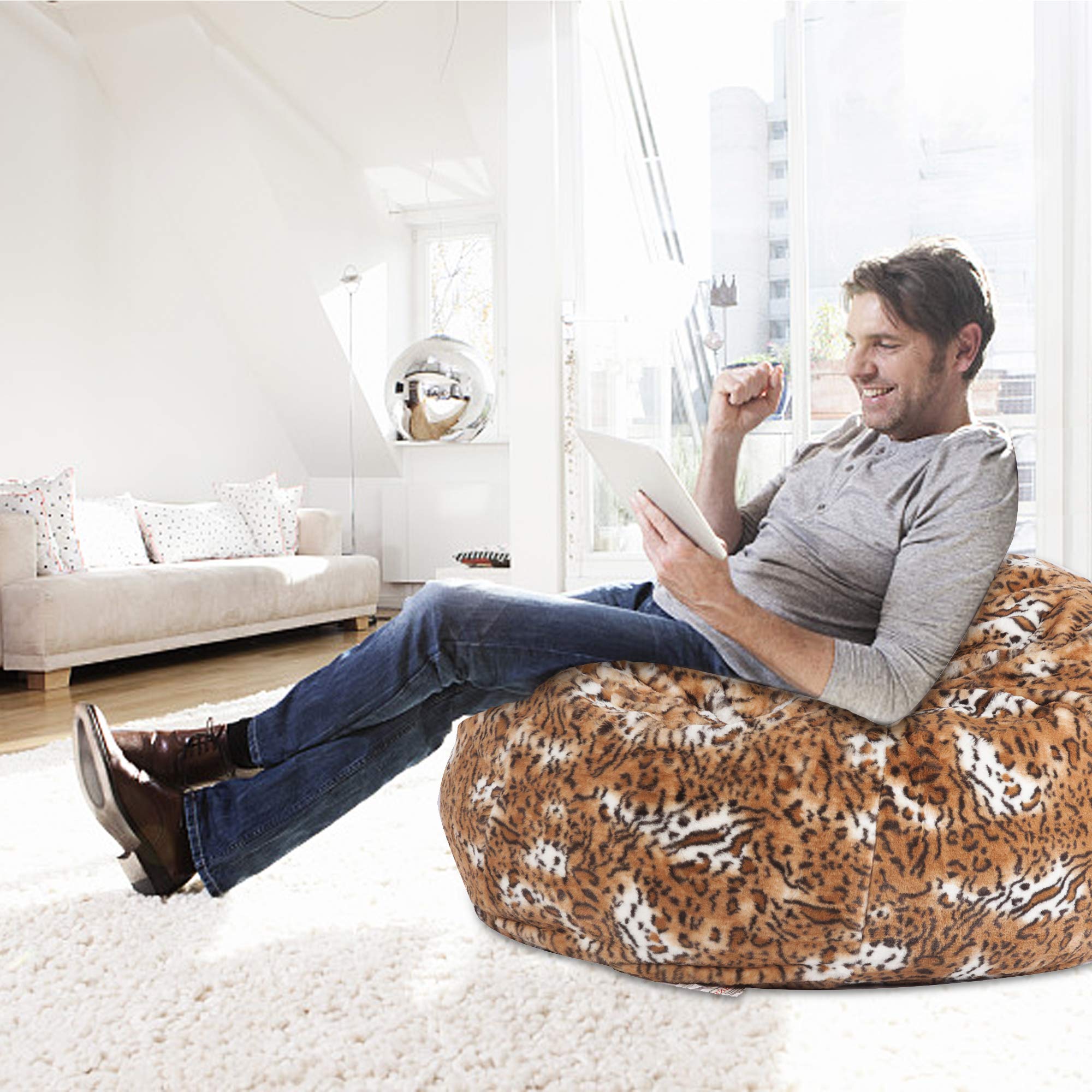 Comfy Memory Foam Bean Bag Chair with Soft Faux Fur Cover - 3ft Leopard Print Lounger for Adults & Kids - Perfect for Gaming, Movie Nights & Dorm Room Relaxation