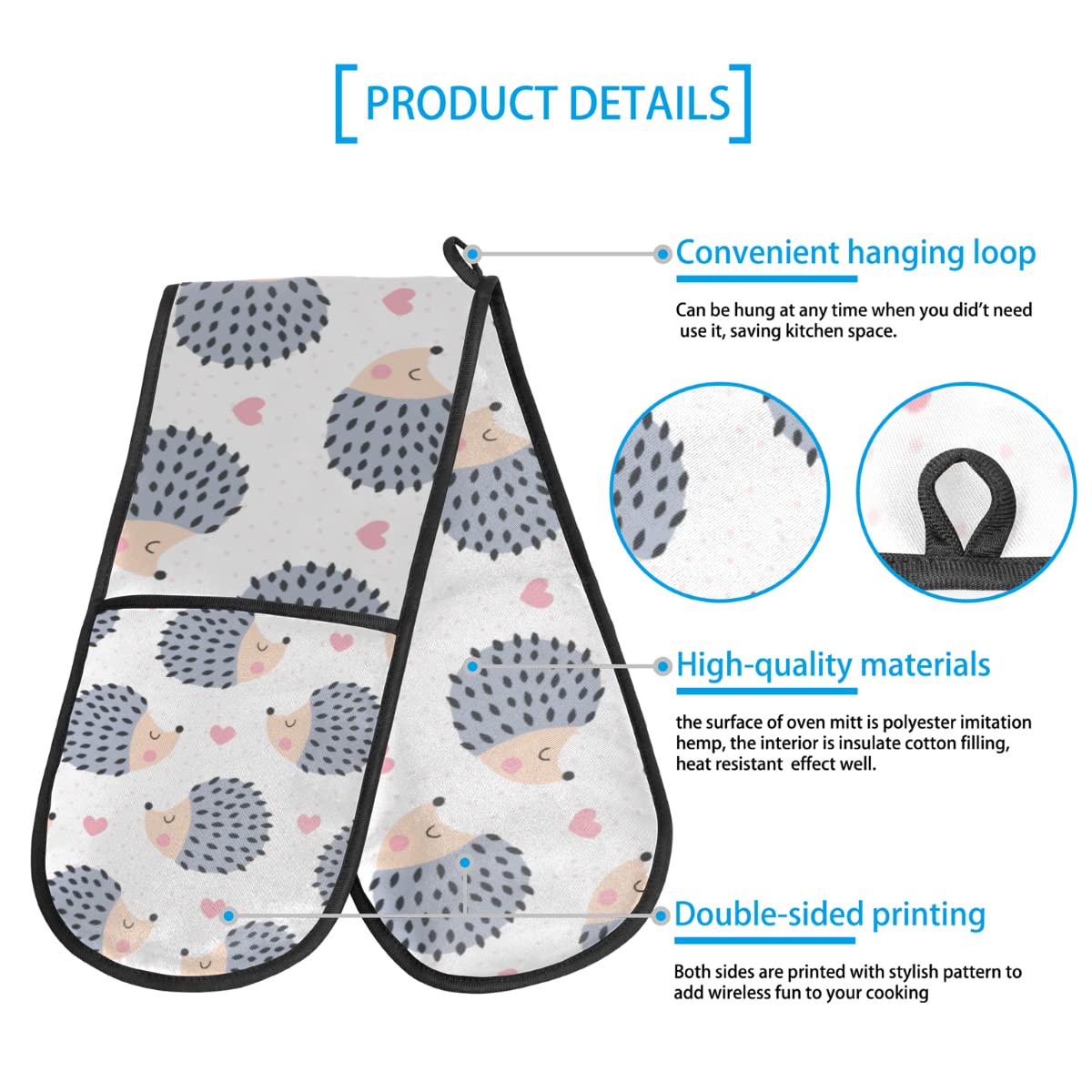 Autumn Hedgehog Double Oven Mitts - Heat Resistant Kitchen Gloves for Baking, Cooking, BBQ & Microwave (35.4 x 7.5 in) - Cute Fall Animal Design with Heart Pattern, Washable Potholder for Holiday Cooking & Home Decor