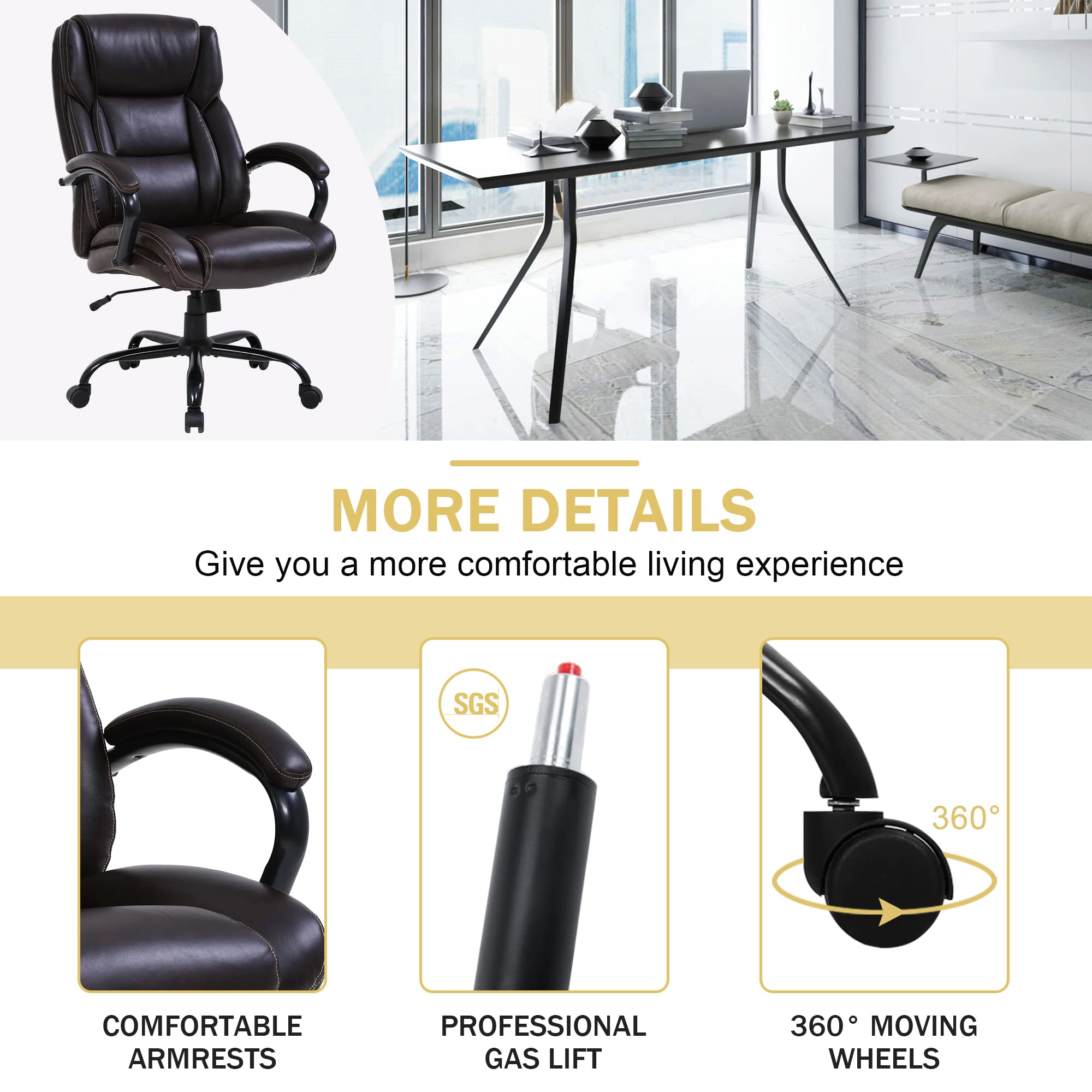 Ergonomic Office Desk Chair 500lbs Big and Tall High Back Computer Chair with Lumbar Support & Adjustable Arms - PU Leather Executive Task Chair for Home & Office Workspace (Brown) - Perfect for Long Hours Sitting, Gaming, and Professional Workspaces