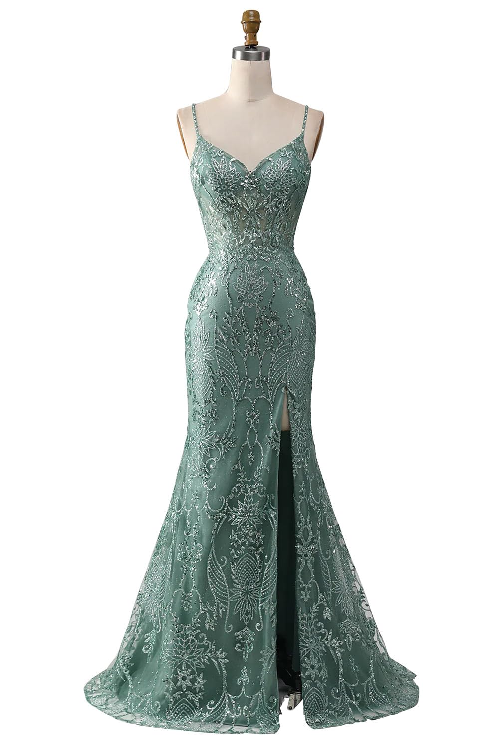 Elegant Grey Green Beaded Spaghetti Strap V-Neck Sheath Prom Dress - Handmade Custom Formal Evening Gown for Homecoming, Cocktail Party & Special Occasions