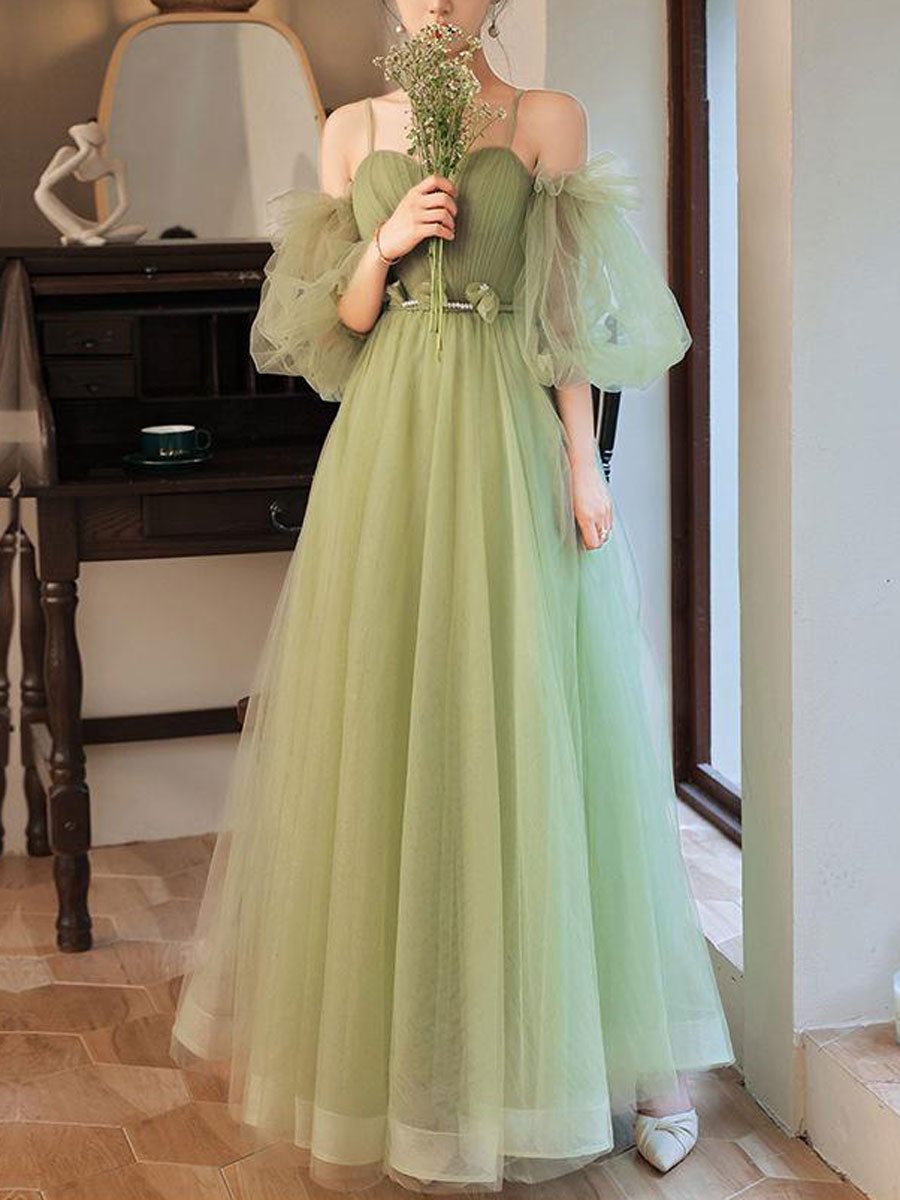 Elegant Green A-Line Long Prom Dress with Tulle Skirt - Perfect for Bridesmaids, Evening Gala & Formal Events