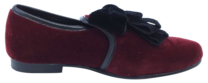 Luccini Girls' Burgundy Velvet Slip-On Dress Shoes with Ribbon Bow - Perfect for Weddings, Parties & Special Occasions