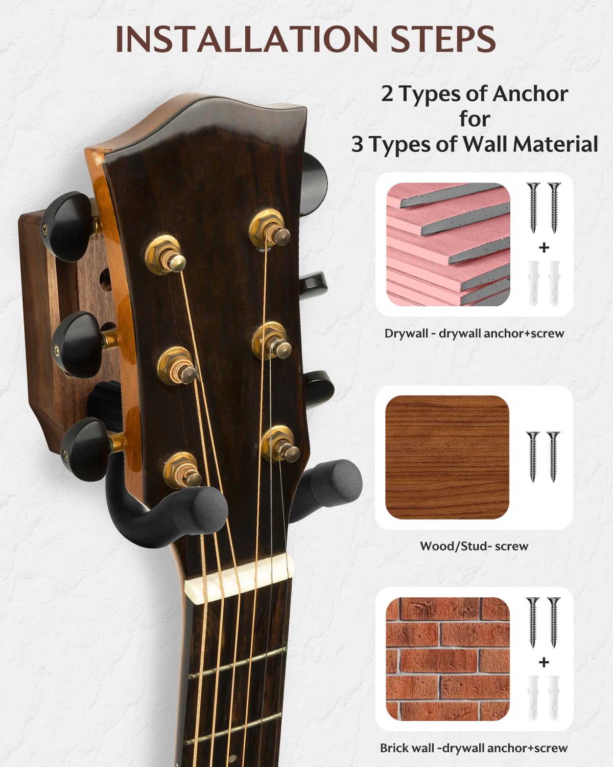 Premium STRICH Walnut Guitar Wall Hanger - 2-Pack U-Shaped Guitar Hook Mount with Screws for Acoustic, Electric, Bass & Banjo | Secure Wall Mount for Bedroom, Studio & Music Room Decor