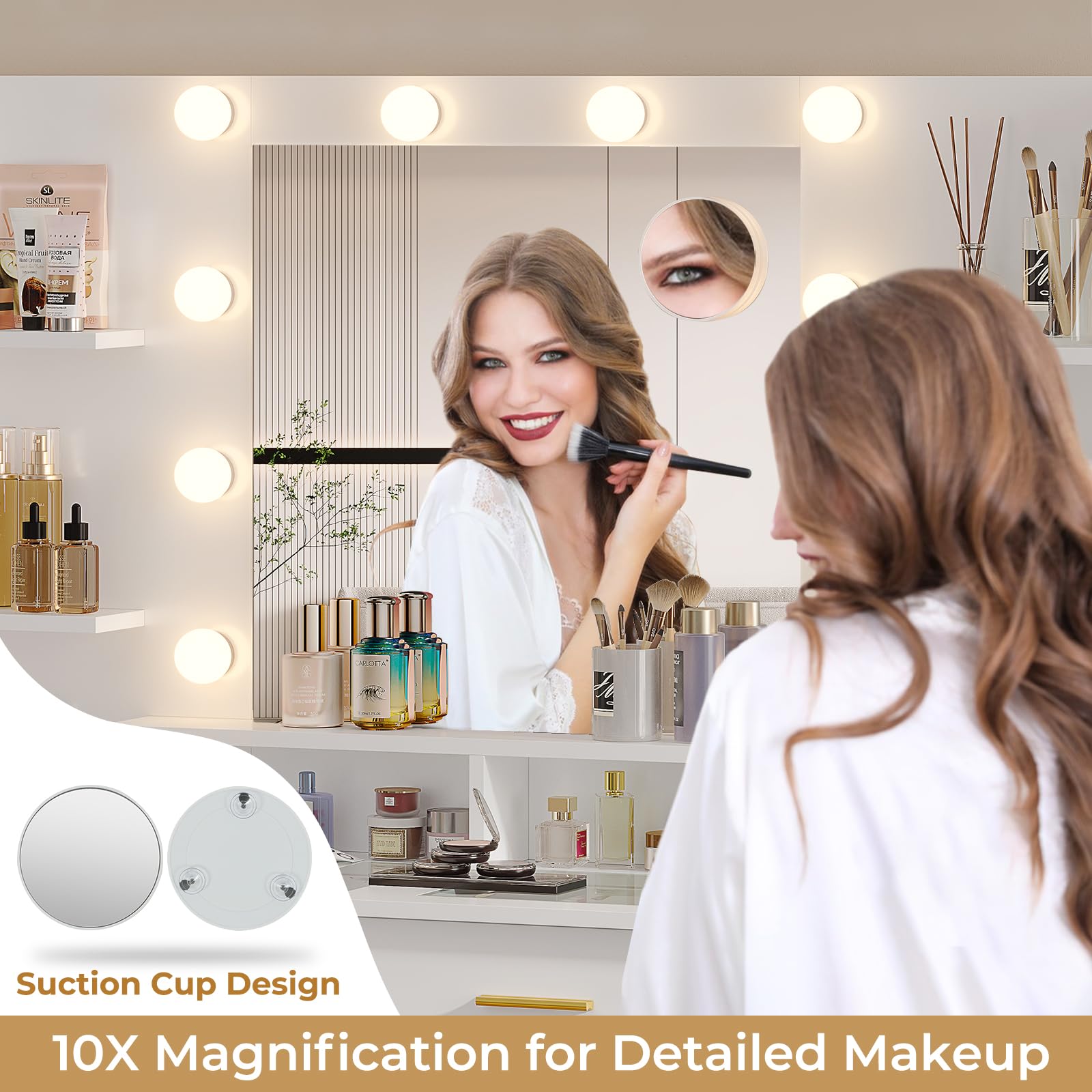 White Glass Top Vanity Desk with LED Lights & Charging Station - 10x Magnifying Mirror, 8 Drawers, Acrylic Organizers - Perfect Makeup Vanity for Bedroom, Dressing Room & Beauty Salon