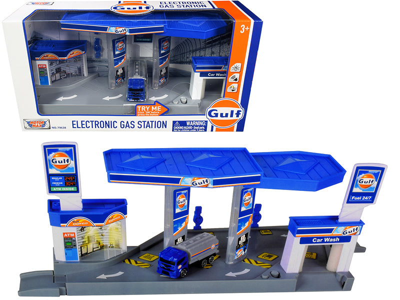 1/64 Scale Gulf Electronic Gas Station Diorama with LED Lights & Sound Effects - Includes Tanker Truck Model by Motormax - Perfect for Collectors & Model Car Displays