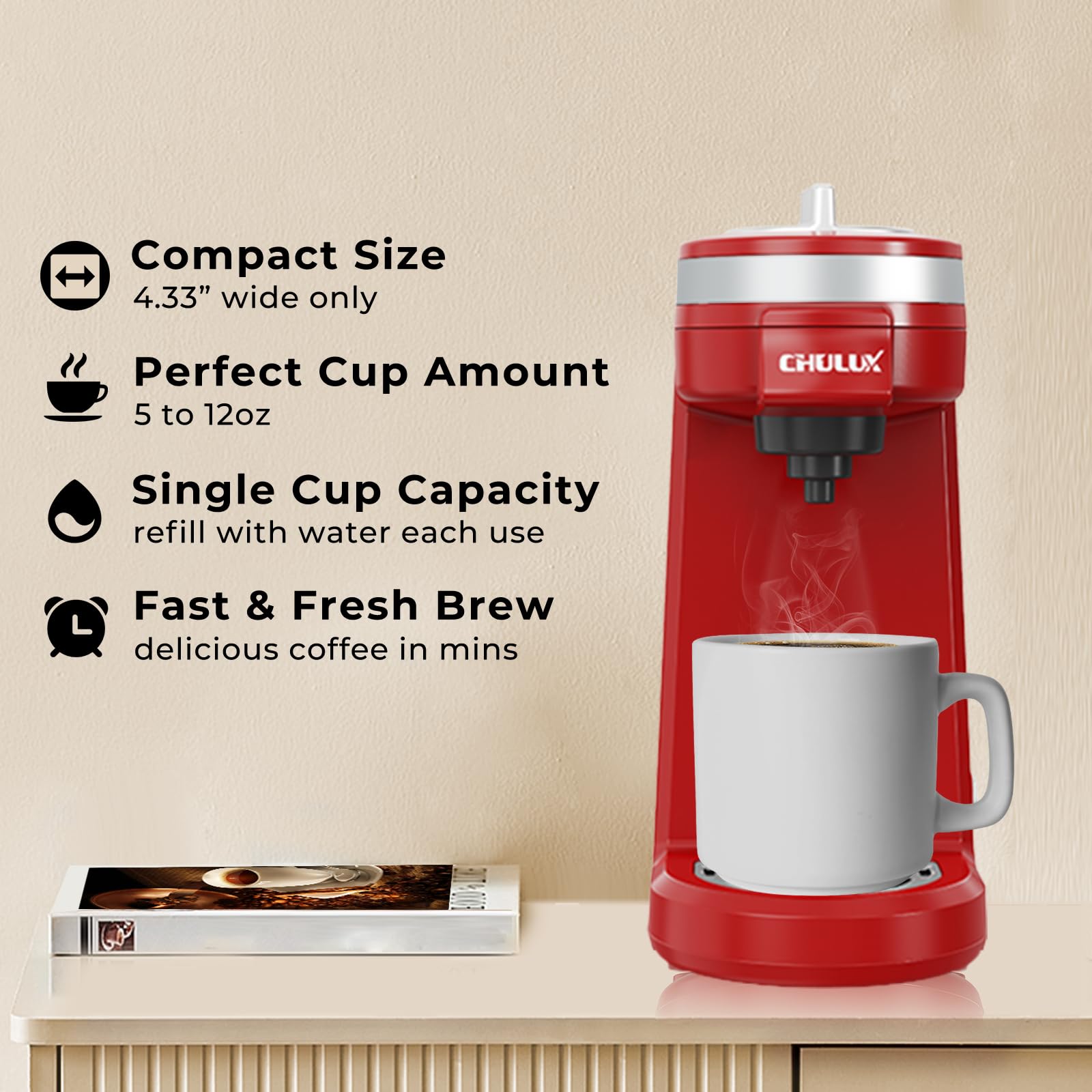 CHULUX Mini Single Serve Coffee Maker for K-Cups & Pods - Compact Lightweight Machine for Americano, Espresso & Hot Beverages - Perfect for Home, Office & Travel - Red
