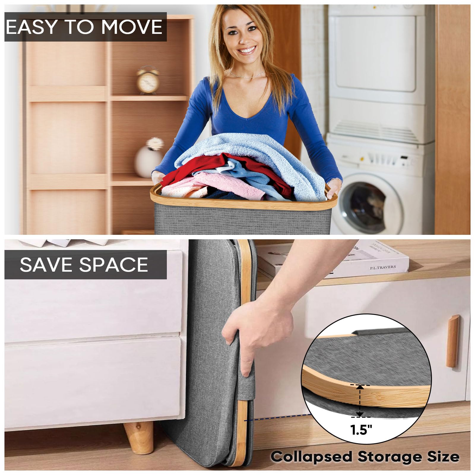 BALEINE Large Laundry Hamper with Lid & Bamboo Handles - 26 Gallon (100L) Tall Laundry Basket with Internal Support - Grey - Perfect for Bedroom, Bathroom & Dorm Organization