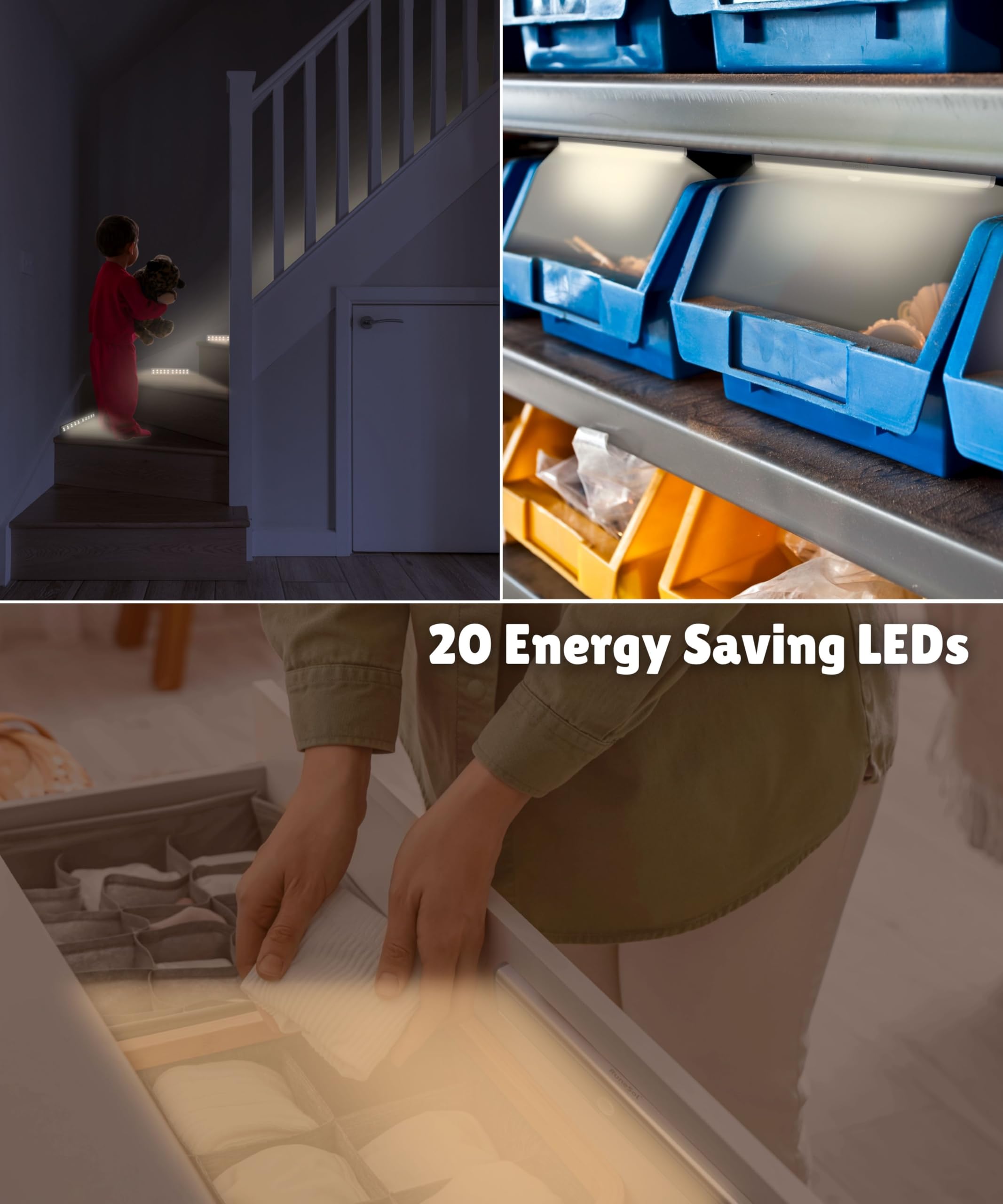 Motion Sensor Under Cabinet Lights - 3 Pack Rechargeable 20 LED Strip Lights for Kitchen, Wardrobe & Bedroom | Battery Operated Night Lighting for Cabinets, Closets & Dark Spaces