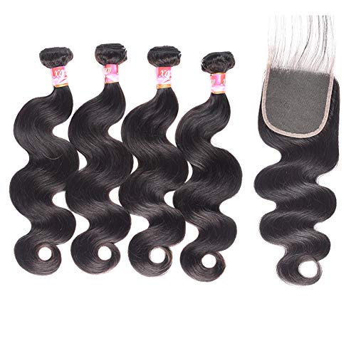 XCCOCO 4 Bundles Natural Black Body Wave Human Hair Extensions with 4x4 Lace Closure | 100% Peruvian Virgin Remy Hair | 10,12,14,16 Inch + 10 Inch Closure | Perfect for Daily Wear, Parties & Special Occasions