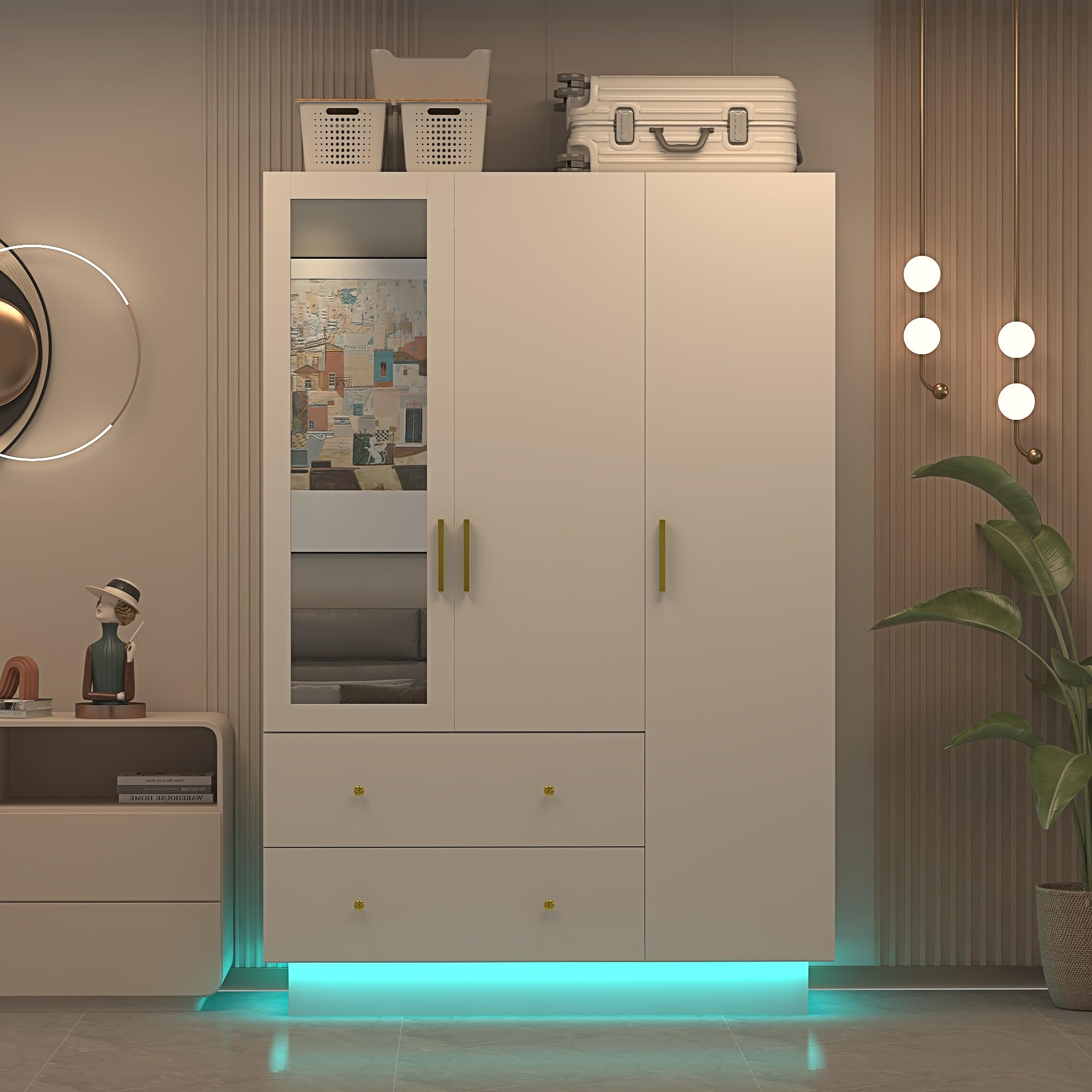 3-Door Wooden Armoire Wardrobe Closet with Mirror, LED Lights, Drawers & Adjustable Shelves - White Storage Cabinet for Bedroom, Closet Organization & Home Decor