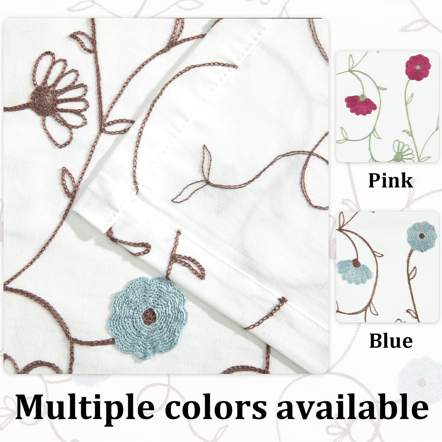 VOGOL 24 Inch Blue Floral Embroidered Kitchen Half Curtains - Farmhouse Modern Short Window Curtains with Rod Pocket (Set of 2, 30x24 Inches) - Perfect for Small Windows, Kitchen Decor, and Cozy Farmhouse Style