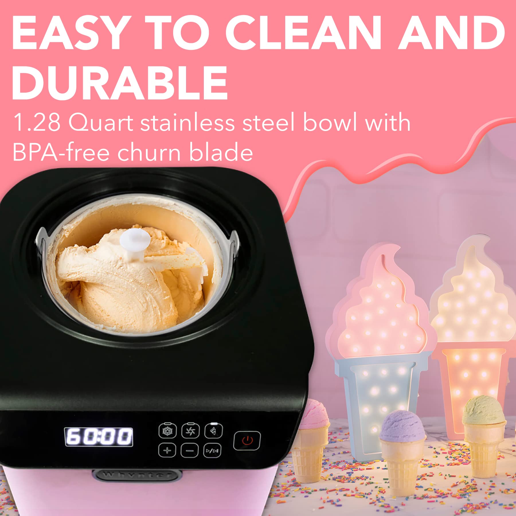 Whynter 1.28 Qt Automatic Ice Cream Maker with Built-In Compressor - No Pre-Freezing, LCD Digital Display & Timer - Perfect for Home, Parties & Dessert Shops (ICM-128BPS, Black/Pink)