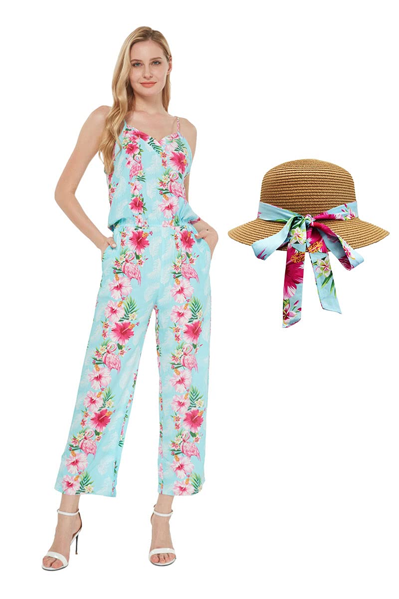 Women's Hawaiian Strap V-Neck Jumpsuit with Pockets - Pink Hibiscus Vine Print - Beach Cover Up, Summer Vacation Outfit, Tropical Party Dress