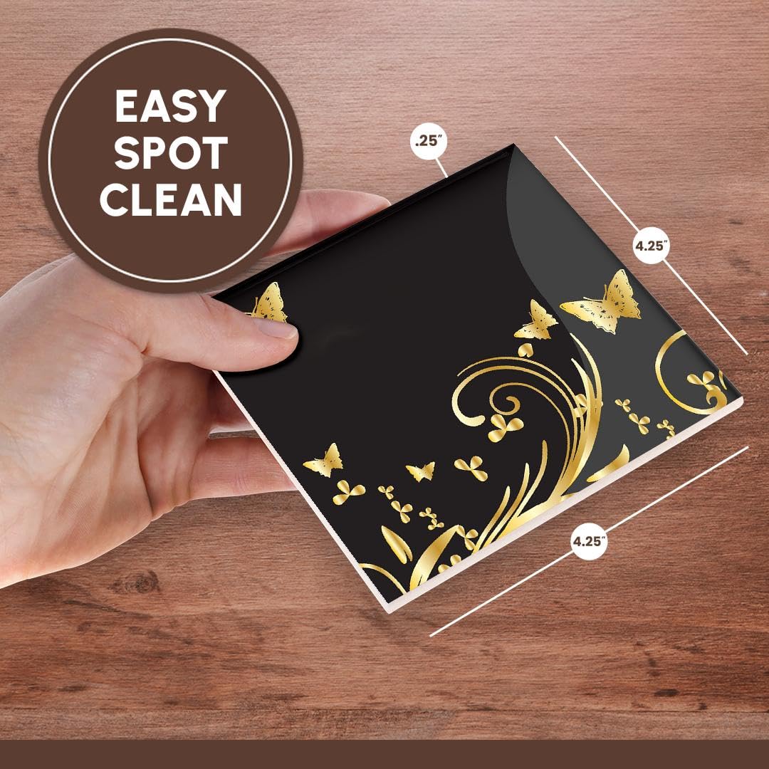 3D Rose Gold Butterflies & Flourishes Ceramic Tile Coasters Set of 4 - Elegant Two-Tone Charcoal Background - Perfect for Home Decor, Coffee Table & Gift Giving