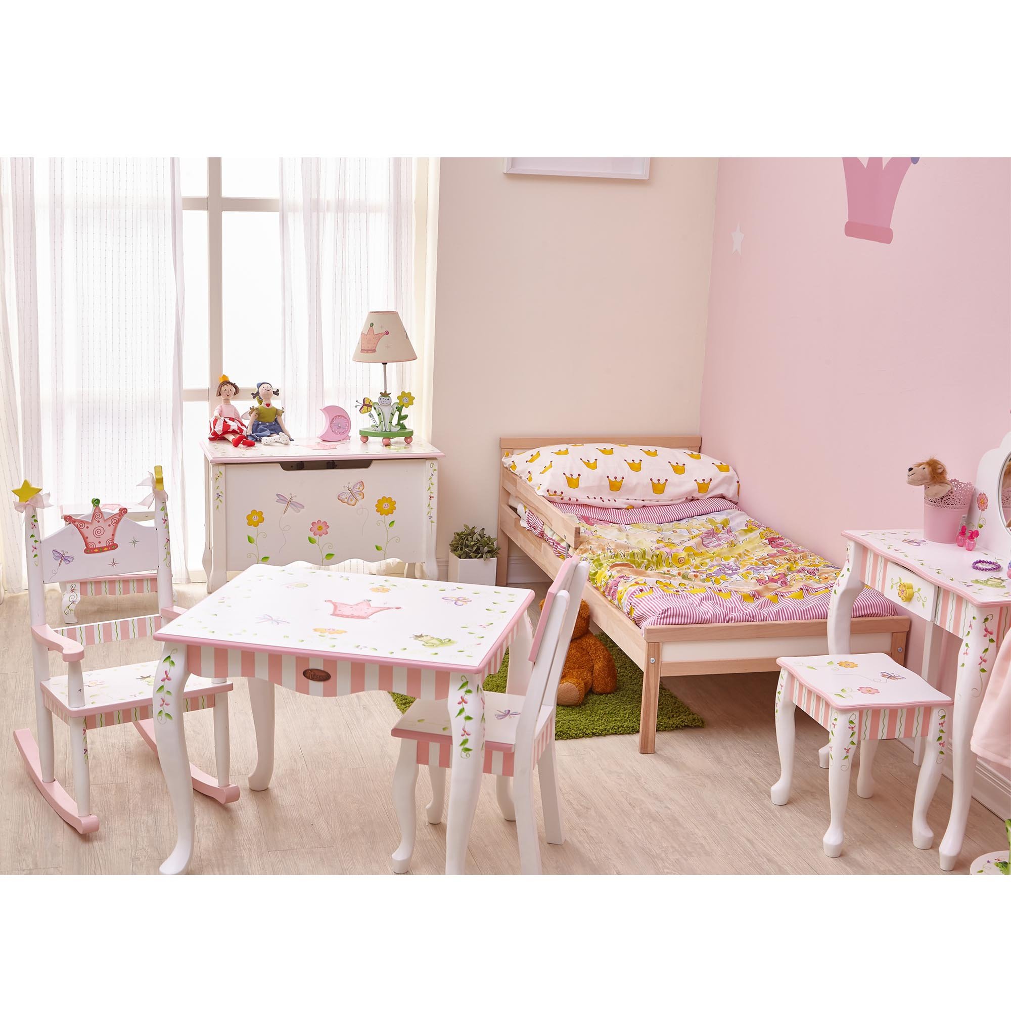 Fantasy Fields Princess & Frog Kids Vanity Table and Stool Set with 1 Drawer - White & Pink Crown-Themed Dresser for Girls Bedroom, Birthday Gift for Toddlers (Perfect for Pretend Play & Room Decor)