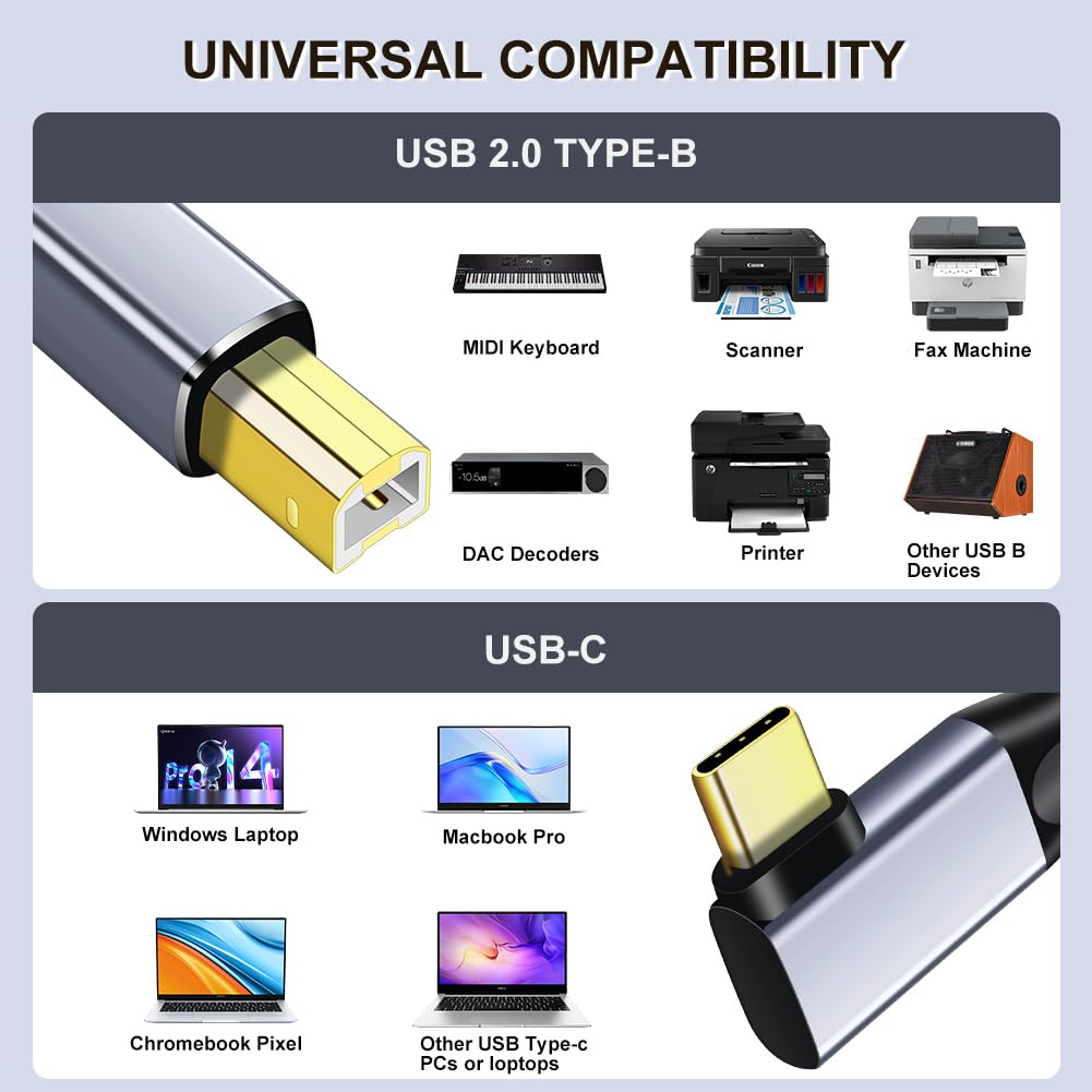 Durable Nylon Braided Right Angle USB C to USB B Printer Cable 0.5M - Compatible with MacBook Pro, Lexmark Printers, Scanners & Type-C Devices - Perfect for Home Office & Workspace Connectivity