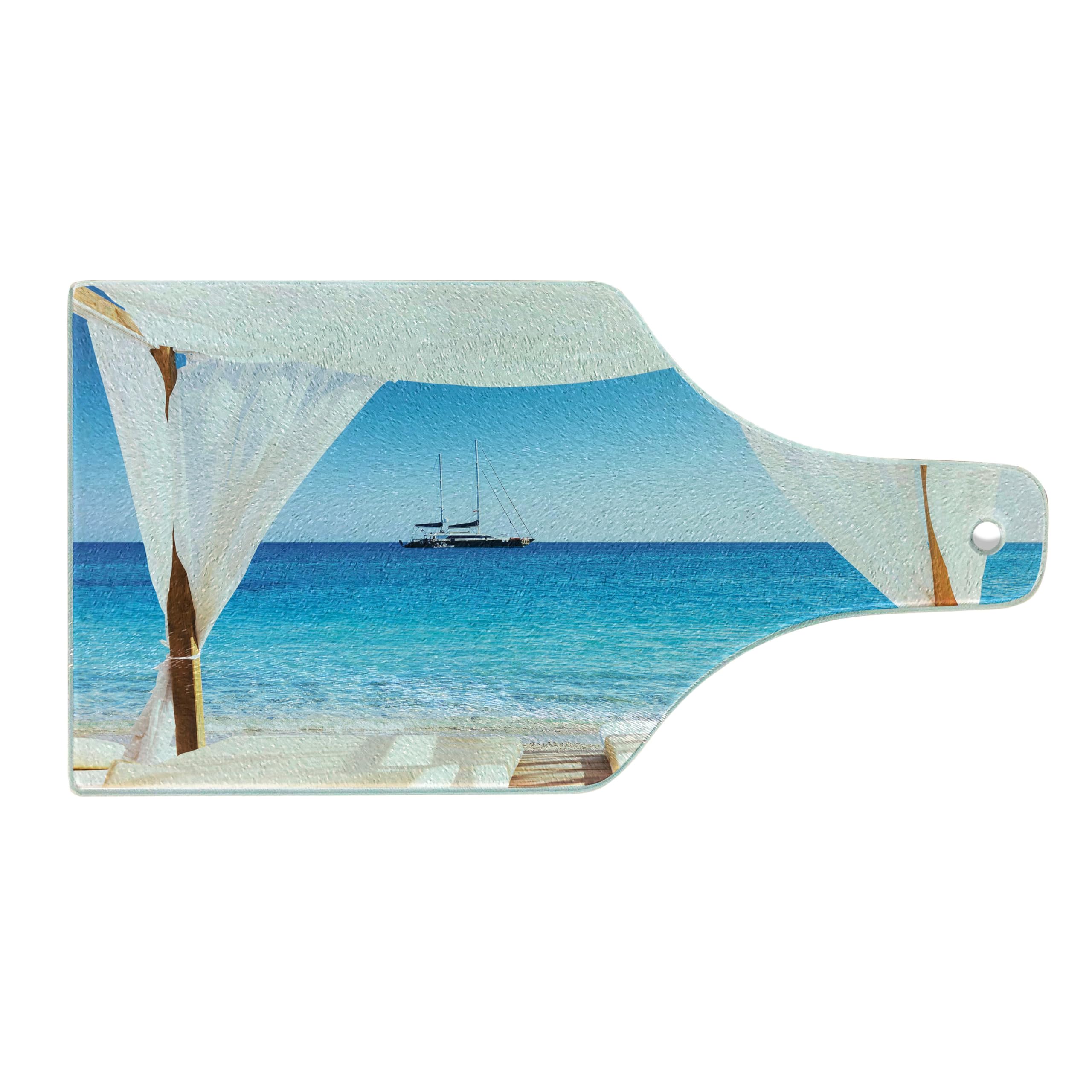 Ambesonne Balinese Beach Cutting Board - Tempered Glass Decorative Serving Board with Summer Sunshine & Clear Sky Design, Wine Bottle Shape in Blue & White | Perfect for Kitchen, Dining, Wine & Cheese Parties, Spa-Themed Decor