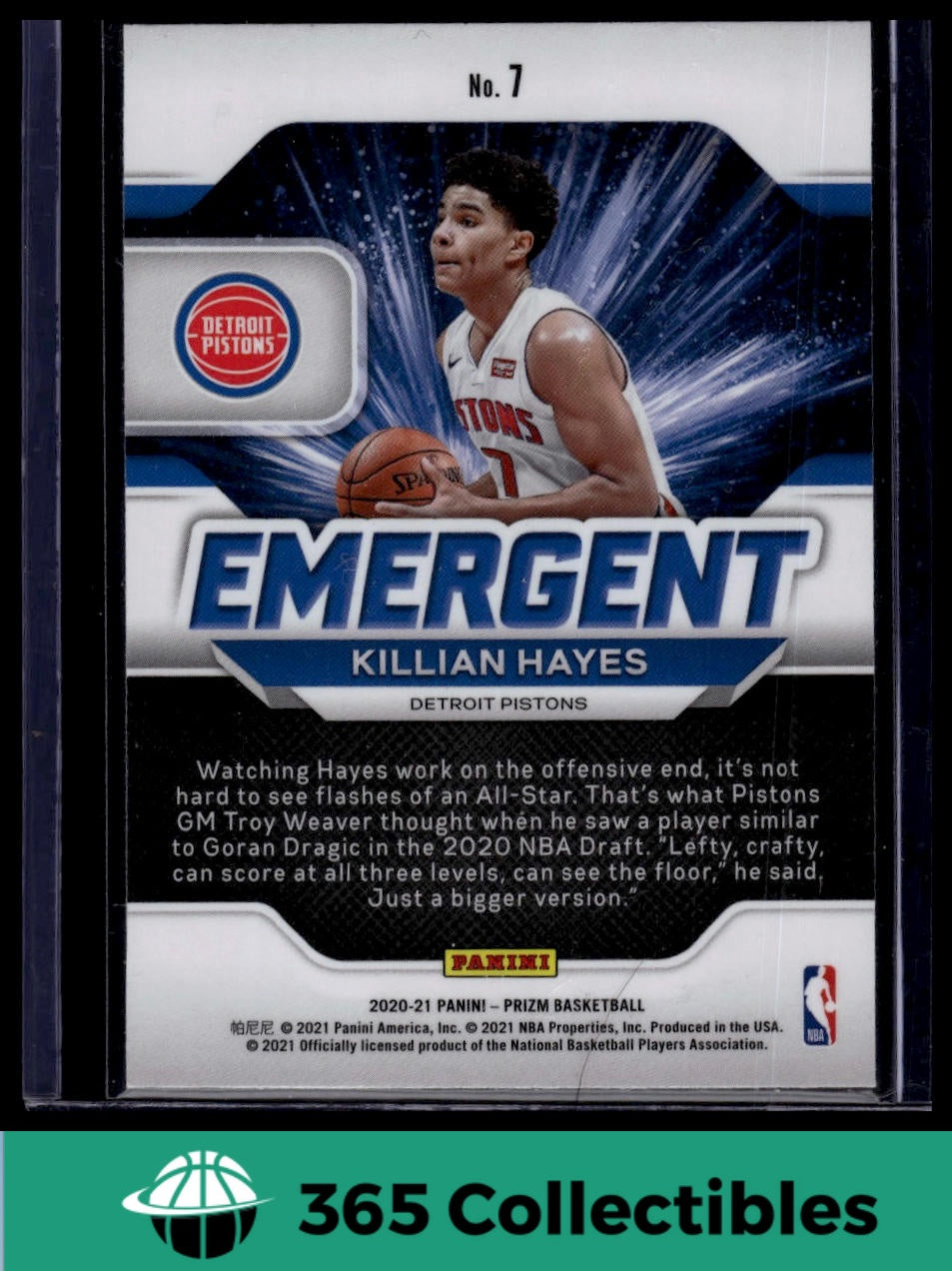 2020-21 Panini Prizm Killian Hayes Emergent #7 Basketball Card - Detroit Pistons Rookie Collectible for NBA Fans & Sports Memorabilia Enthusiasts - Perfect for Display, Trading, and Investment