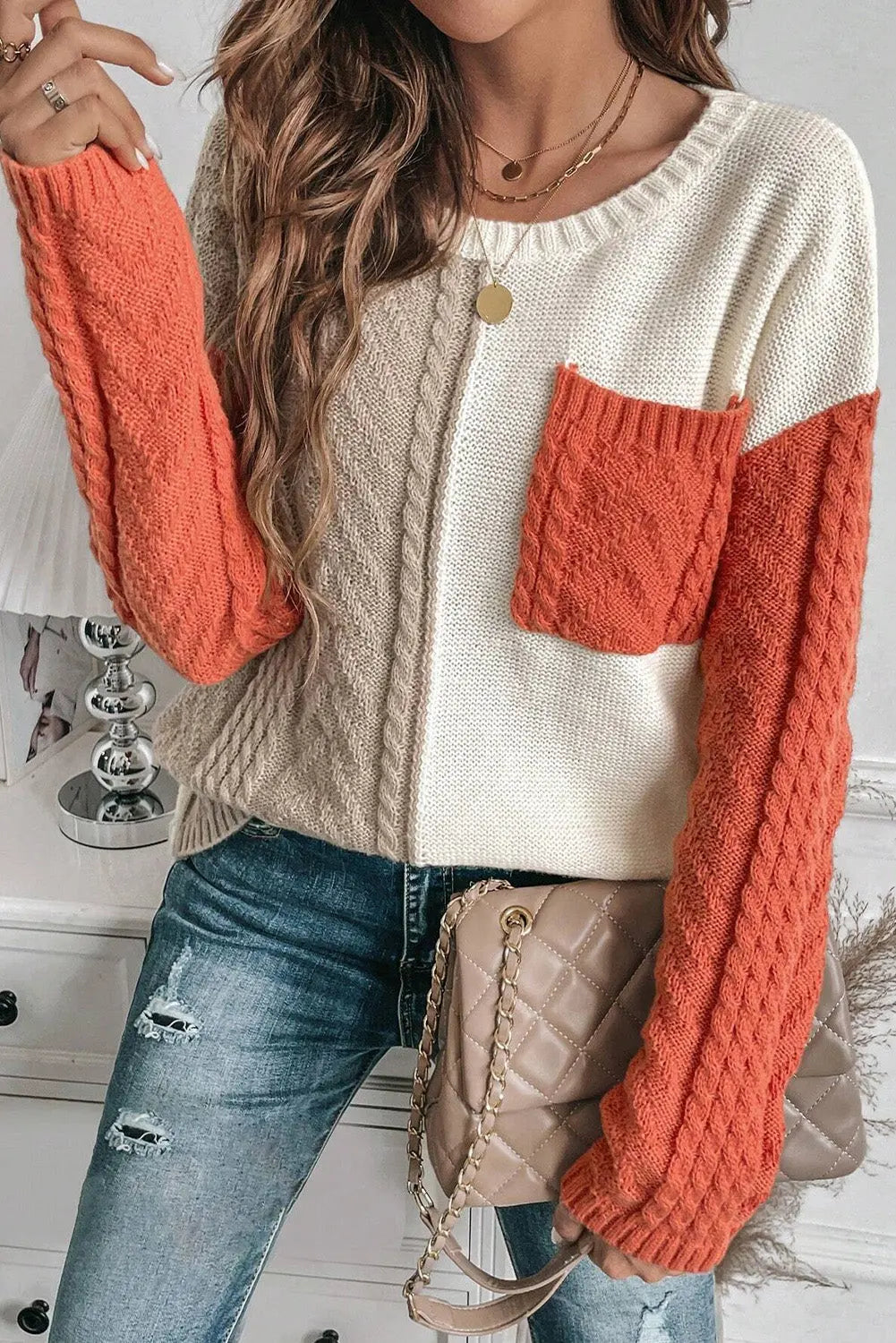 Color Block Round Neck Long Sleeve Sweater for Women - Soft Knit Pullover Tops, Casual Winter Warm Fashion Sweater (Office, Date Night, Holiday Outfits)