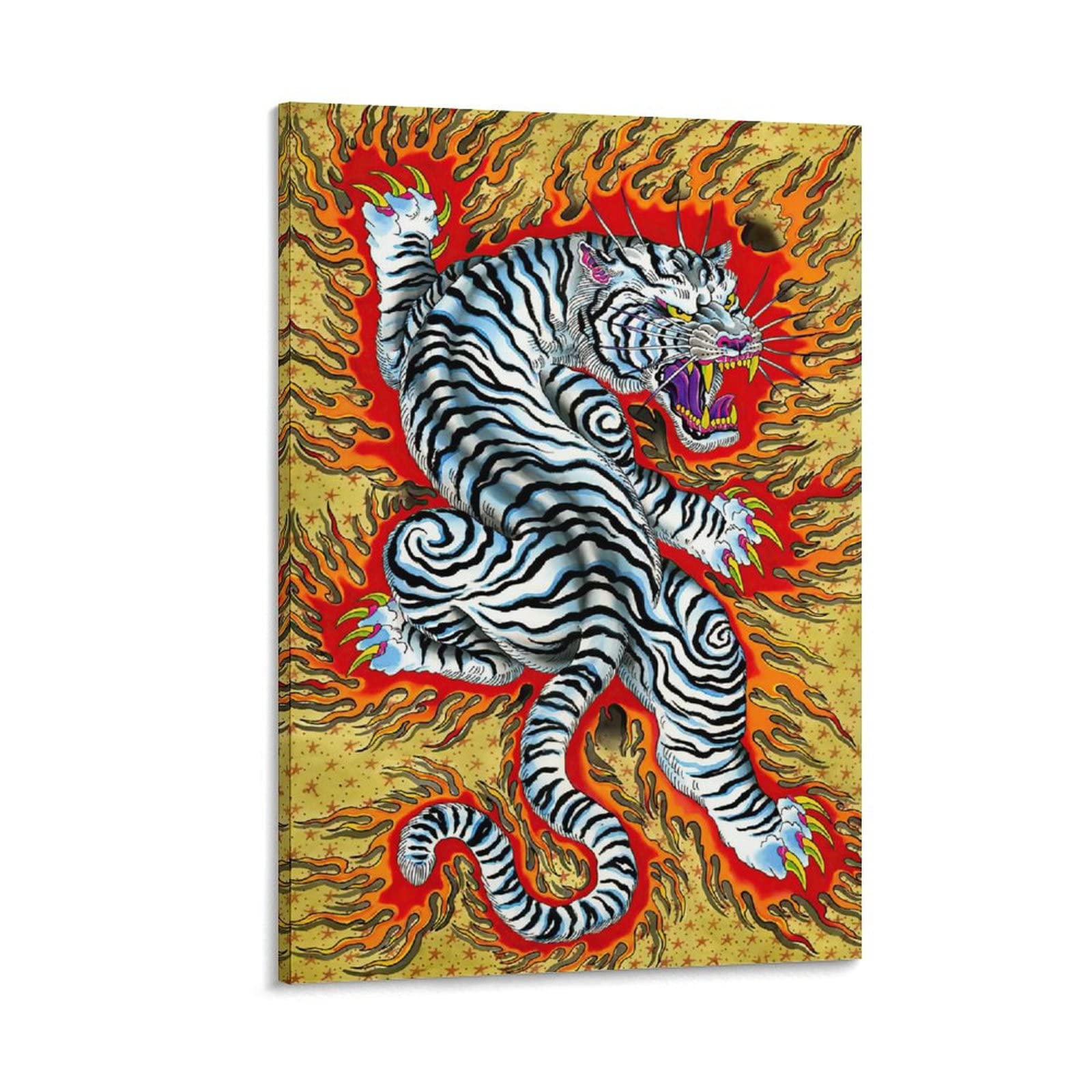 Japanese Tiger Pattern Wall Art Poster - 8x12 Inch (20x30cm) Framed Canvas Print for Living Room, Bedroom & Office Decor - Perfect for Home, Office & Gift Giving