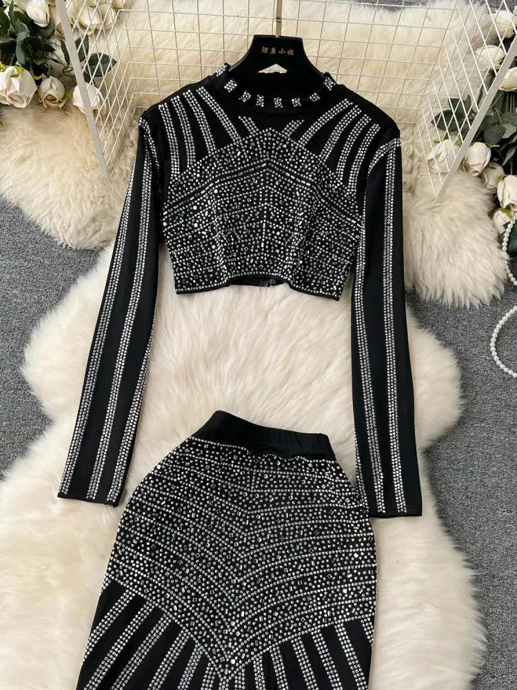 Elegant Black Diamond Two-Piece Set for Women - O-Neck Long Sleeve Top & High Waist Fishtail Skirt | Y2K Fashion Outfit for Fall Parties, Date Nights and Office Wear