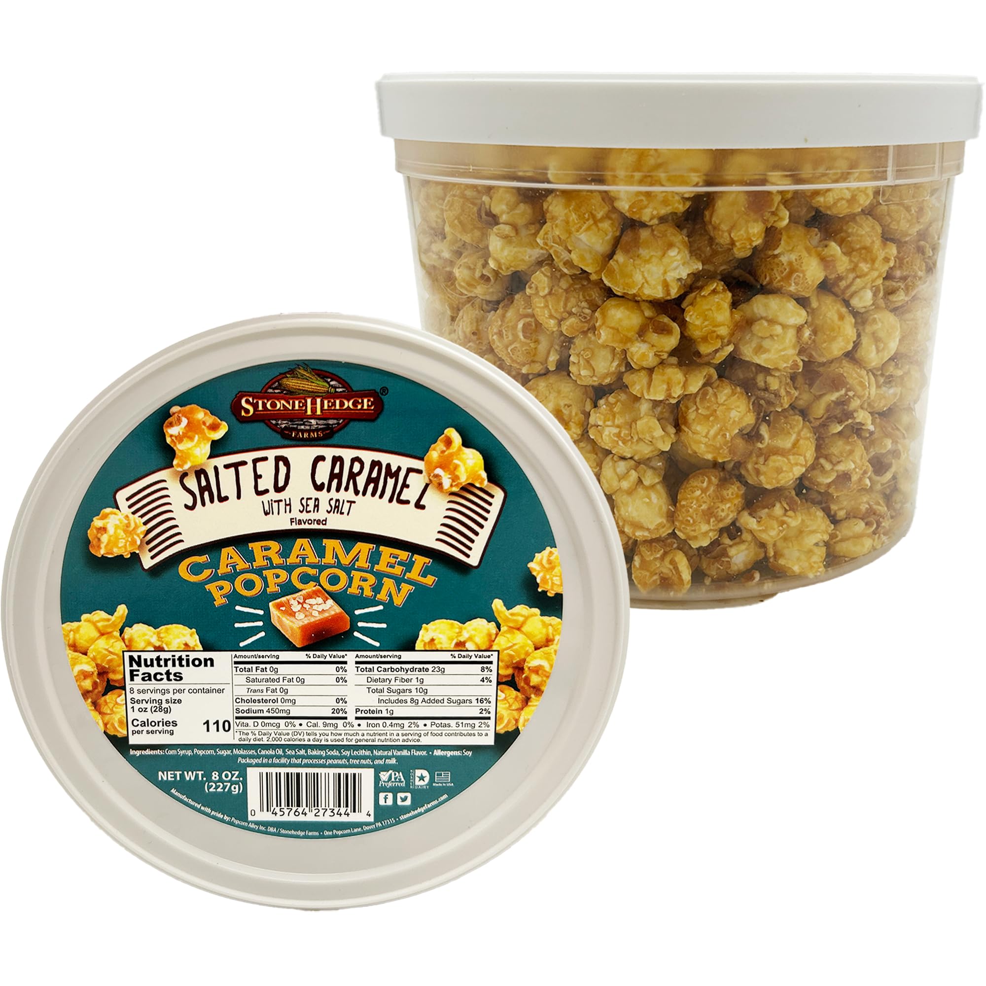 Stonehedge Farms Gourmet Salted Caramel Popcorn - 8 oz Tub | Old Fashioned Sweet & Salty Snack | Made in USA | Perfect for Movie Nights, Parties & Gifts