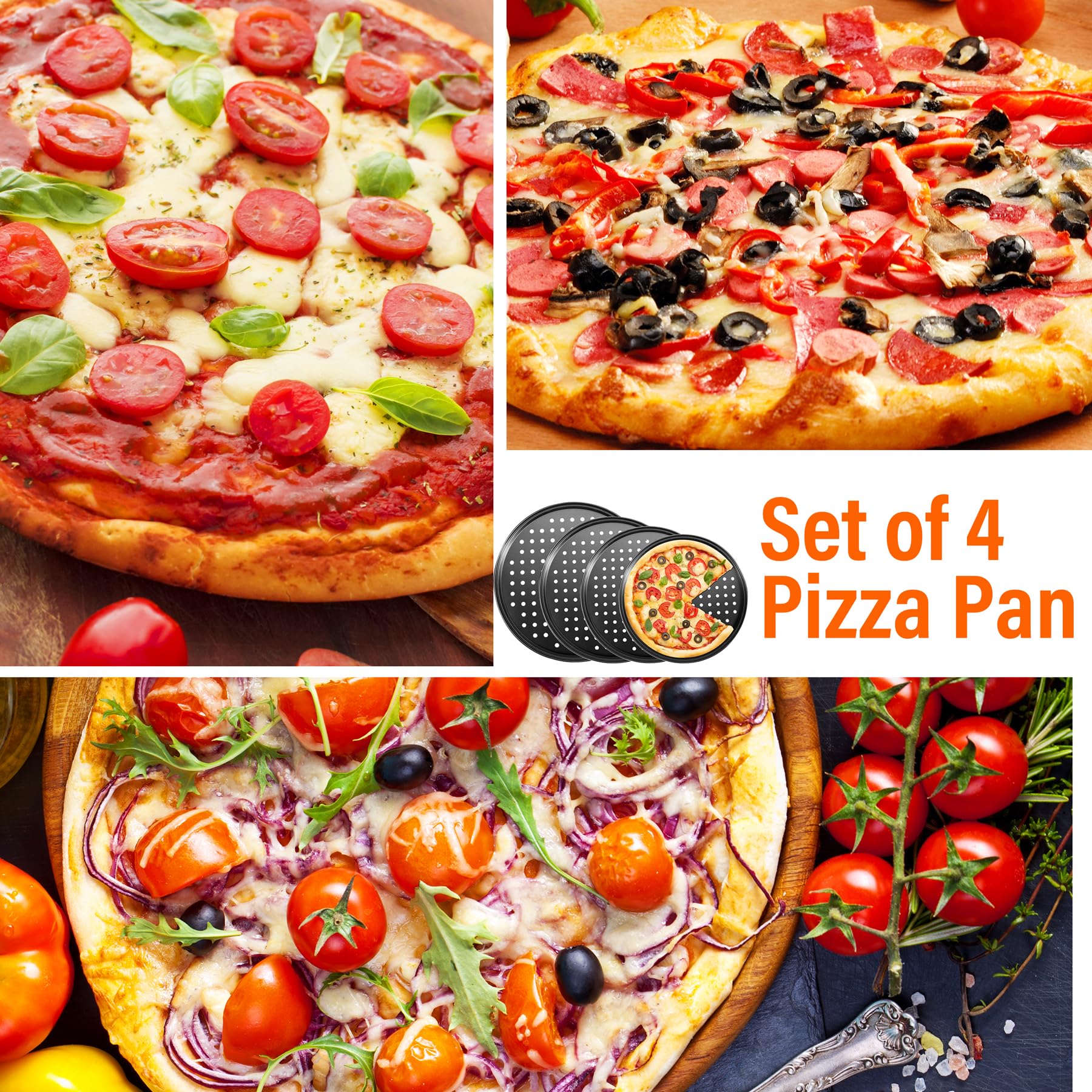 4-Piece Round Perforated Non-Stick Pizza Pan Set (9/10/11/12 Inch) - Perfect for Baking Crispy Crust Pizzas in Oven - Ideal for Home Kitchens, Restaurants & Pizza Parties